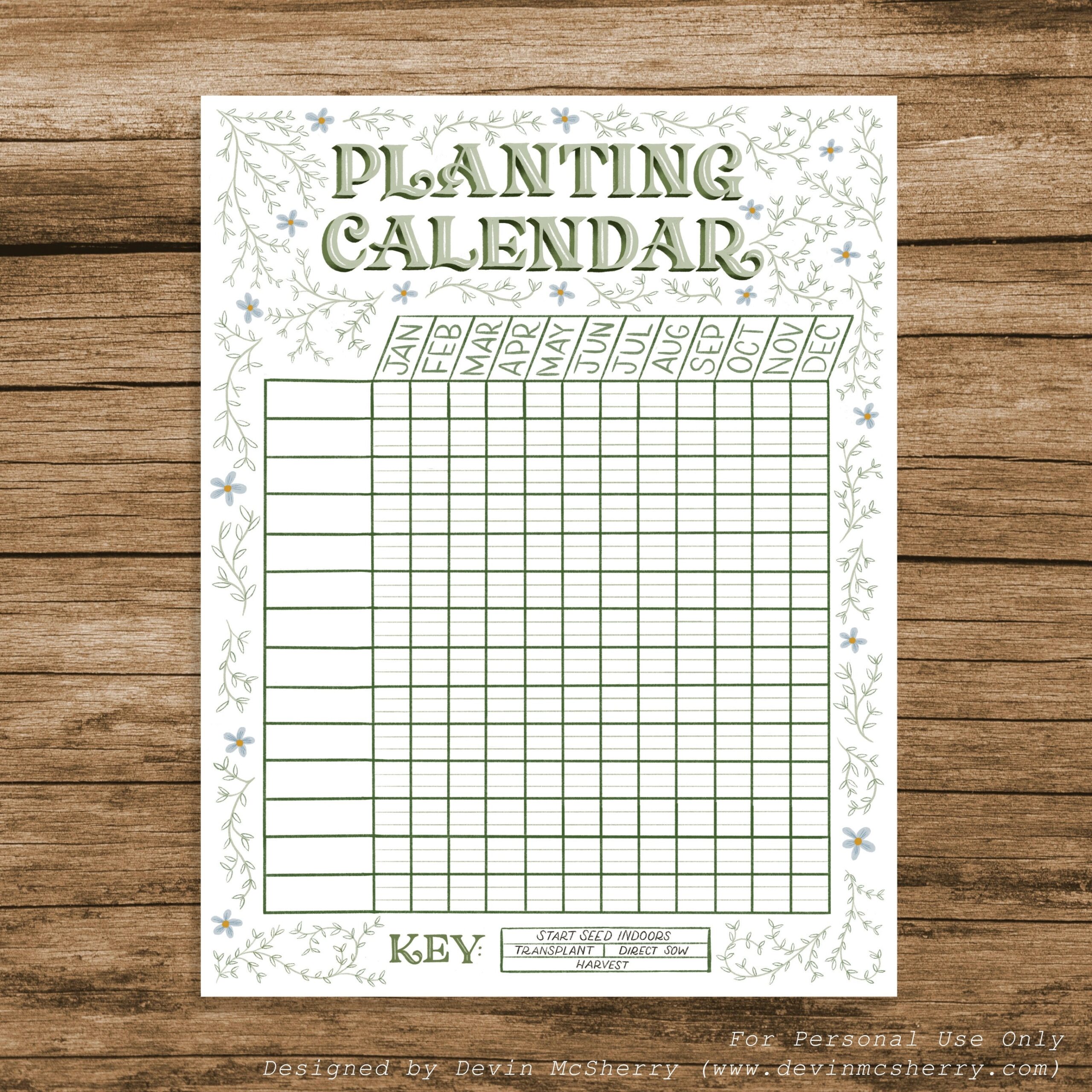 Printable Planting Calendar Customizable Hand lettered 