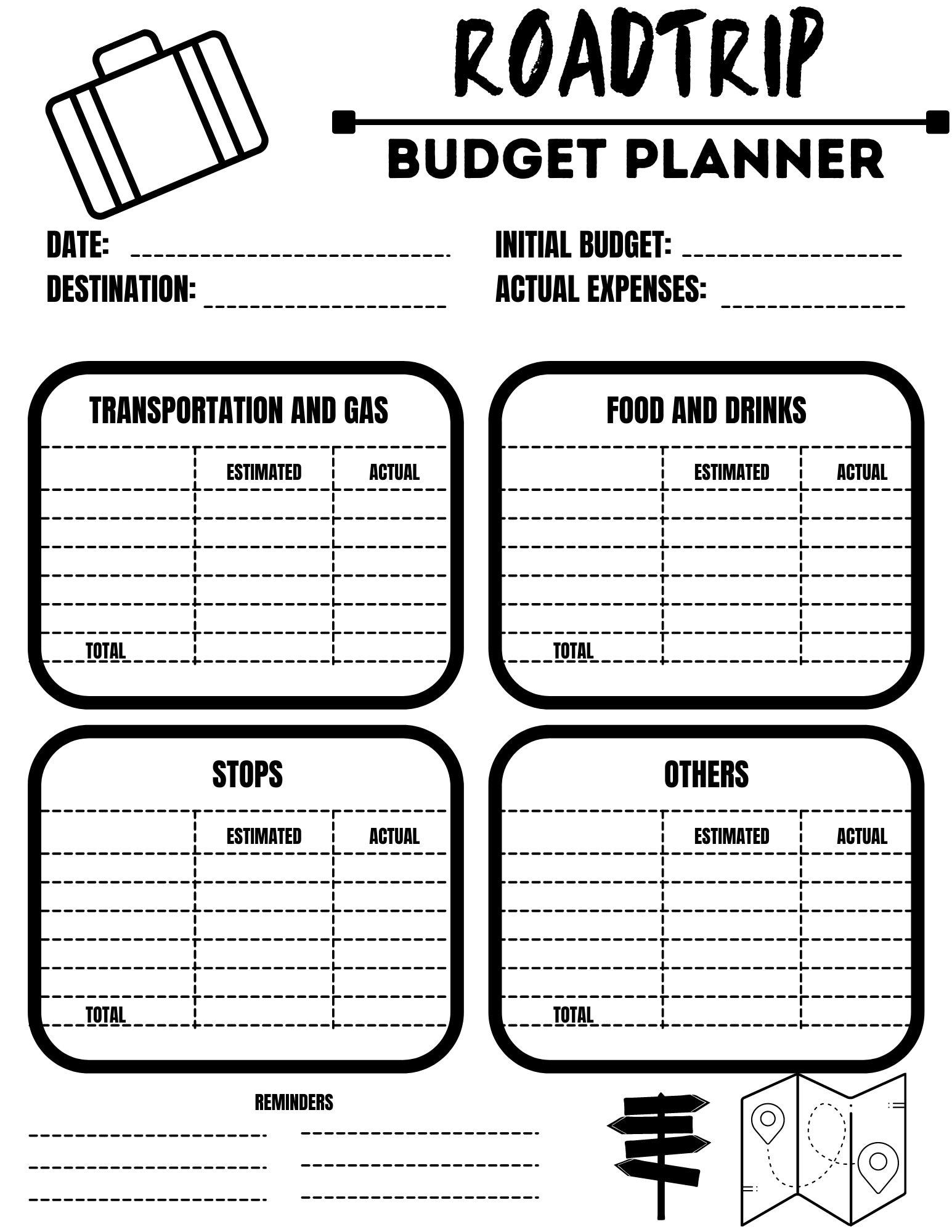 Printable Road Trip Budget Planner Color U0026 Black White Versions