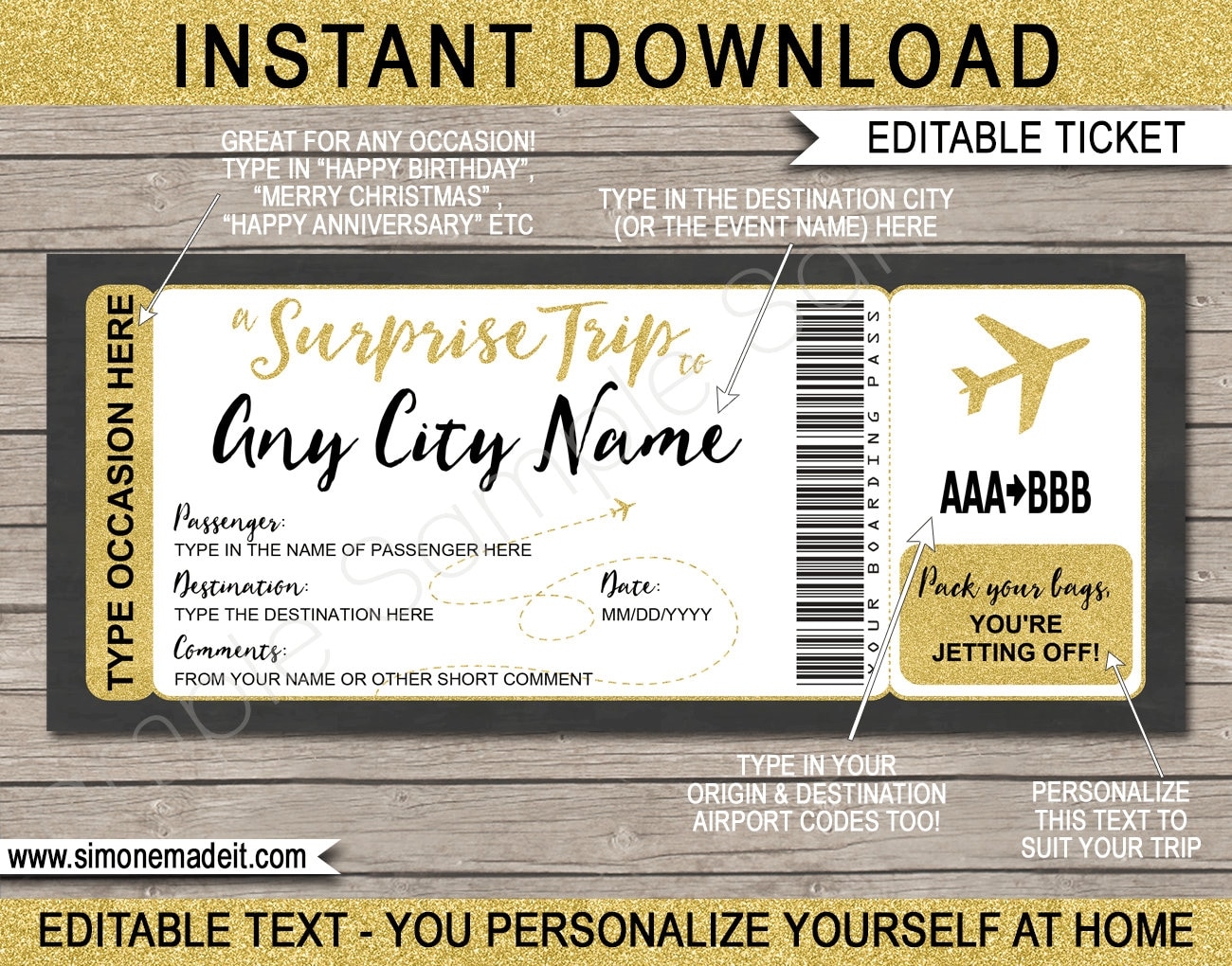 Printable Surprise Trip Ticket Boarding Pass Editable Template 