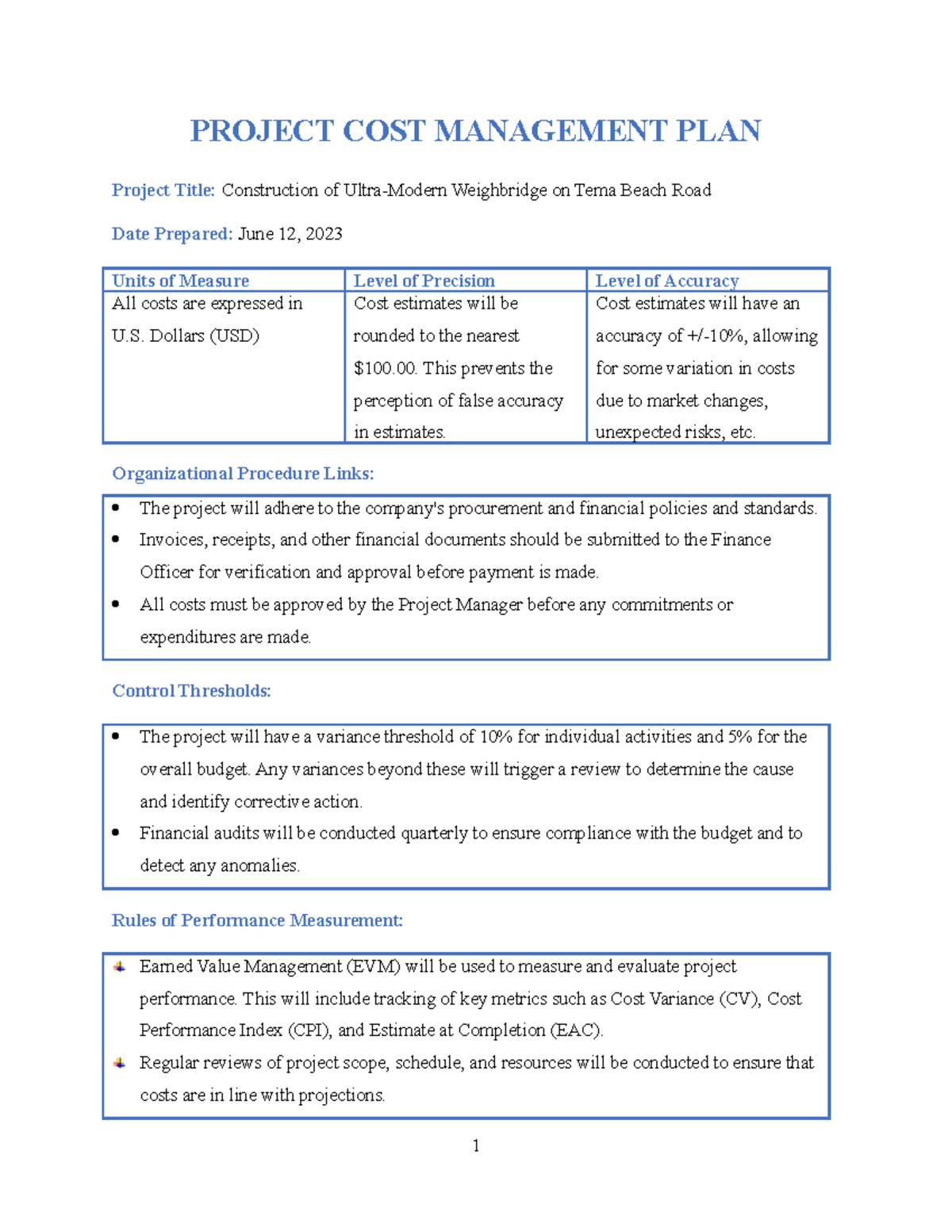 Project Cost Management Plan Template