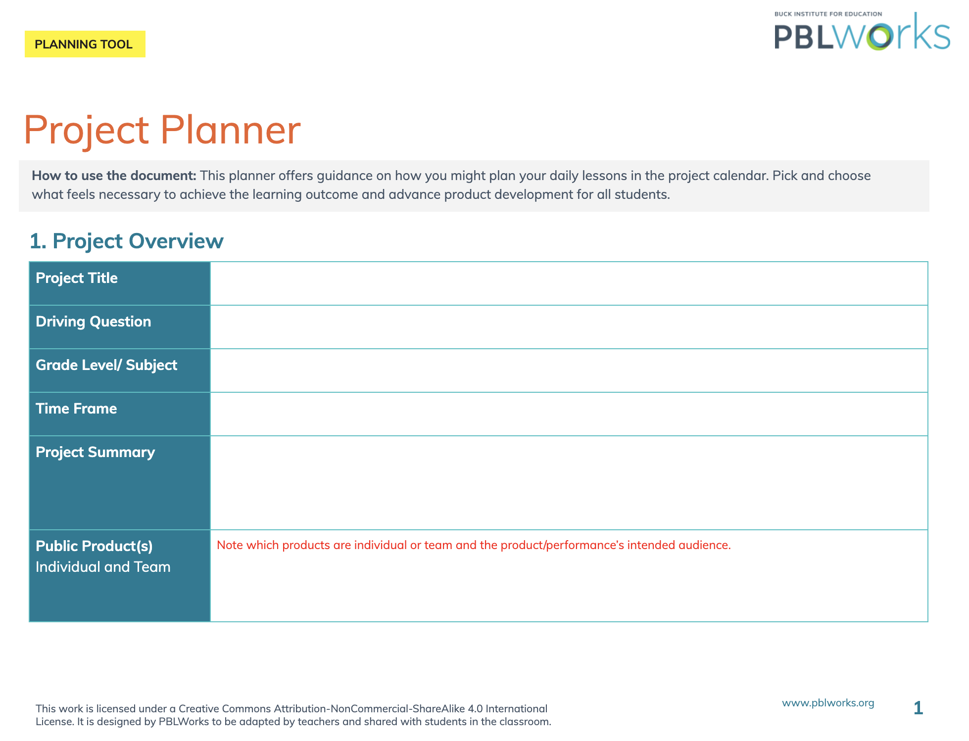 Project Planner MyPBLWorks