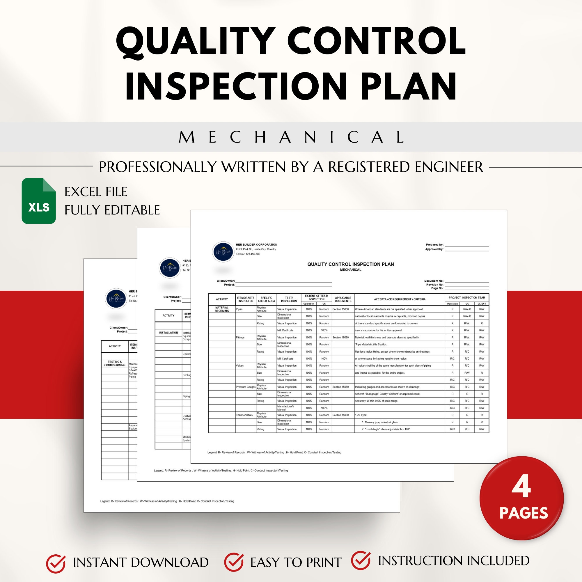 Quality Control Inspection Plan Template For Mechanical Works 