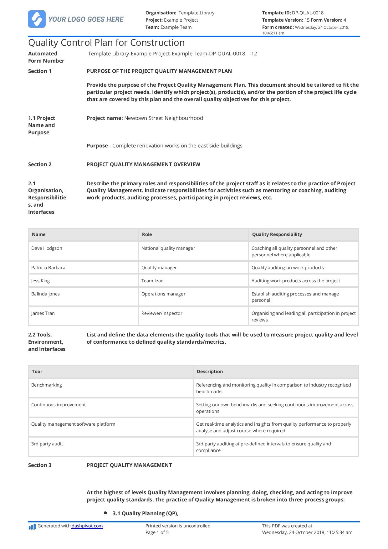 Quality Control Plan For Construction Template And Sample
