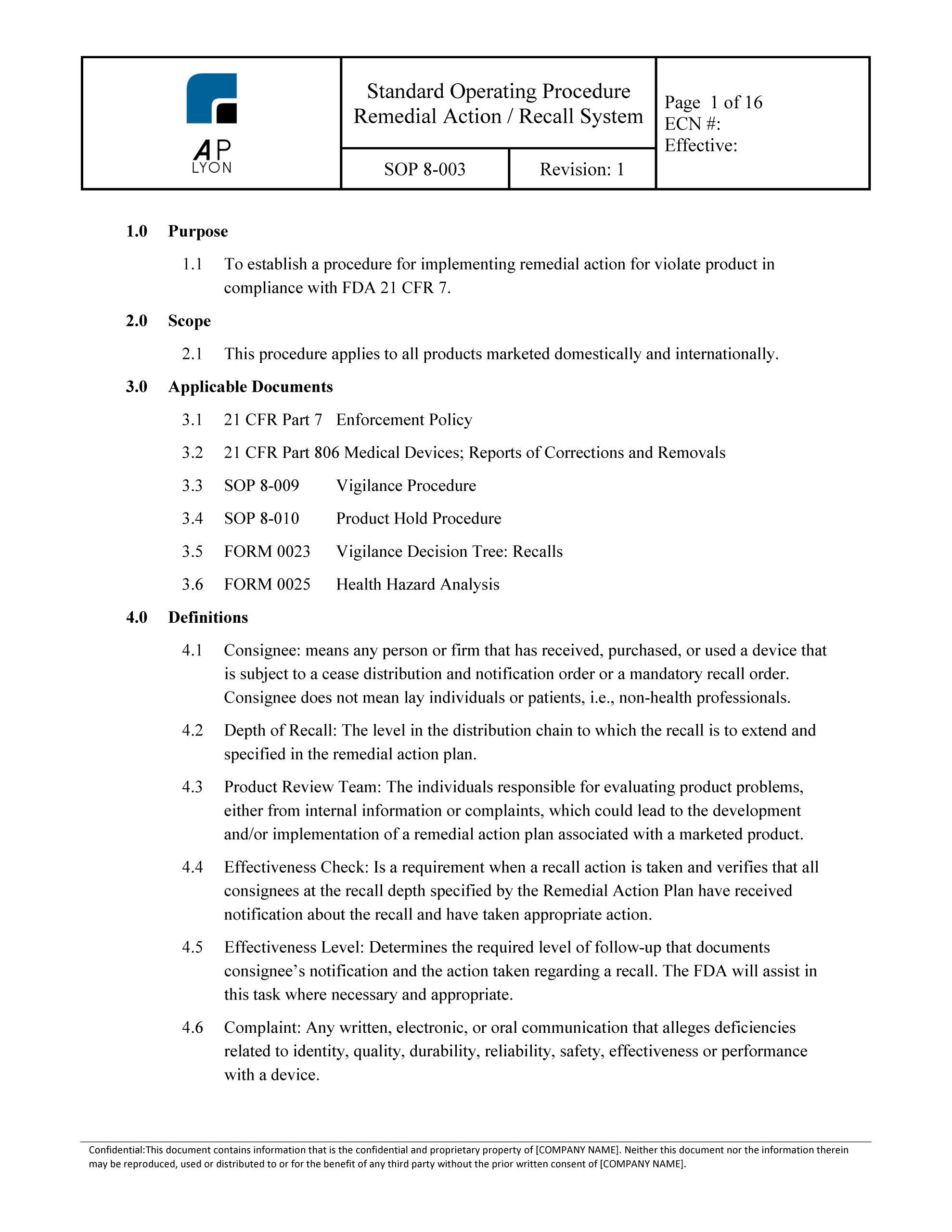 Remedial Action Recall Procedure