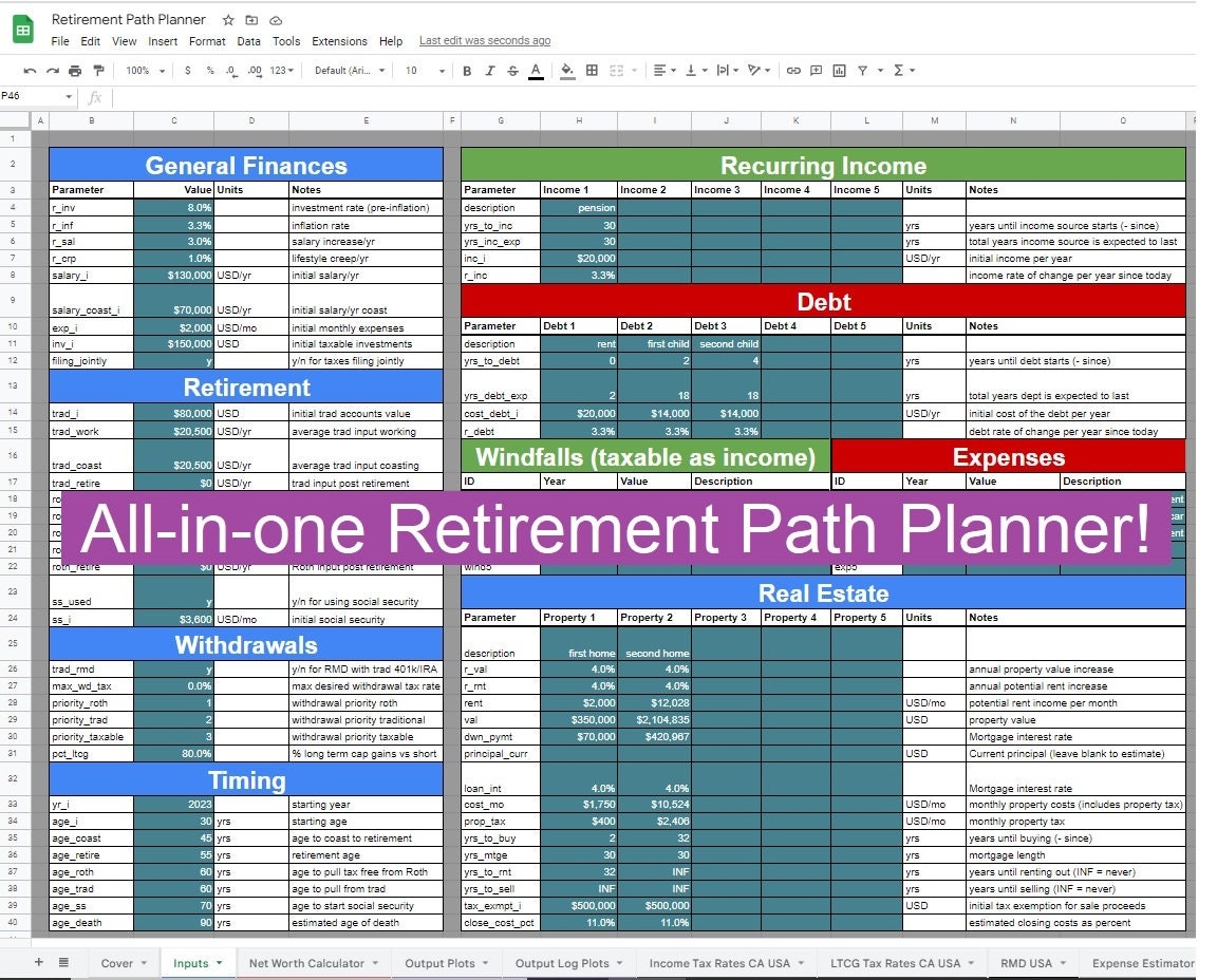 Retirement Planner V2 1 All in one Retirement Financial Planning Google Sheet And Excel Template Etsy
