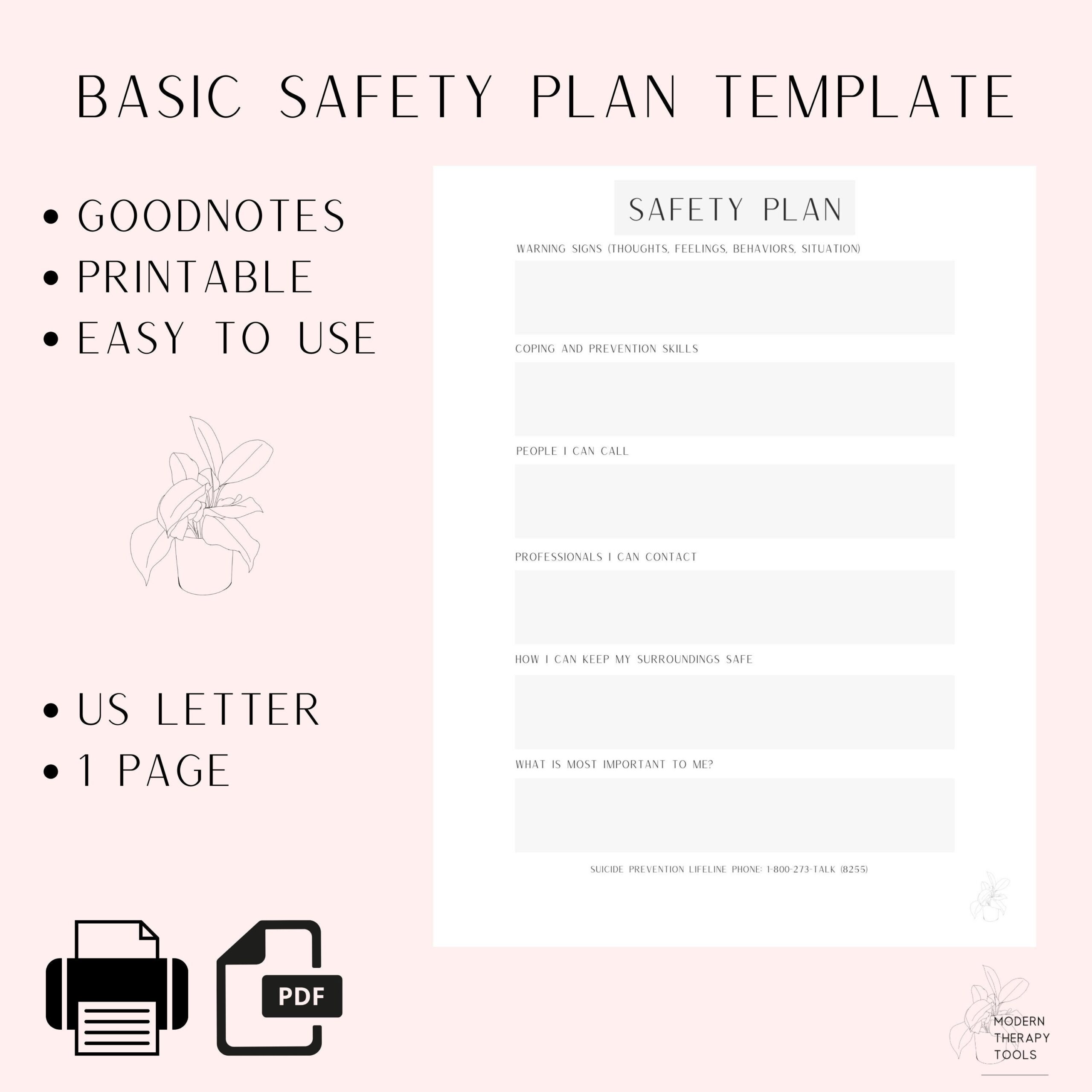Safety Plan PDF Template Printable PDF Goodnotes Counseling And Therapy Safety Plan