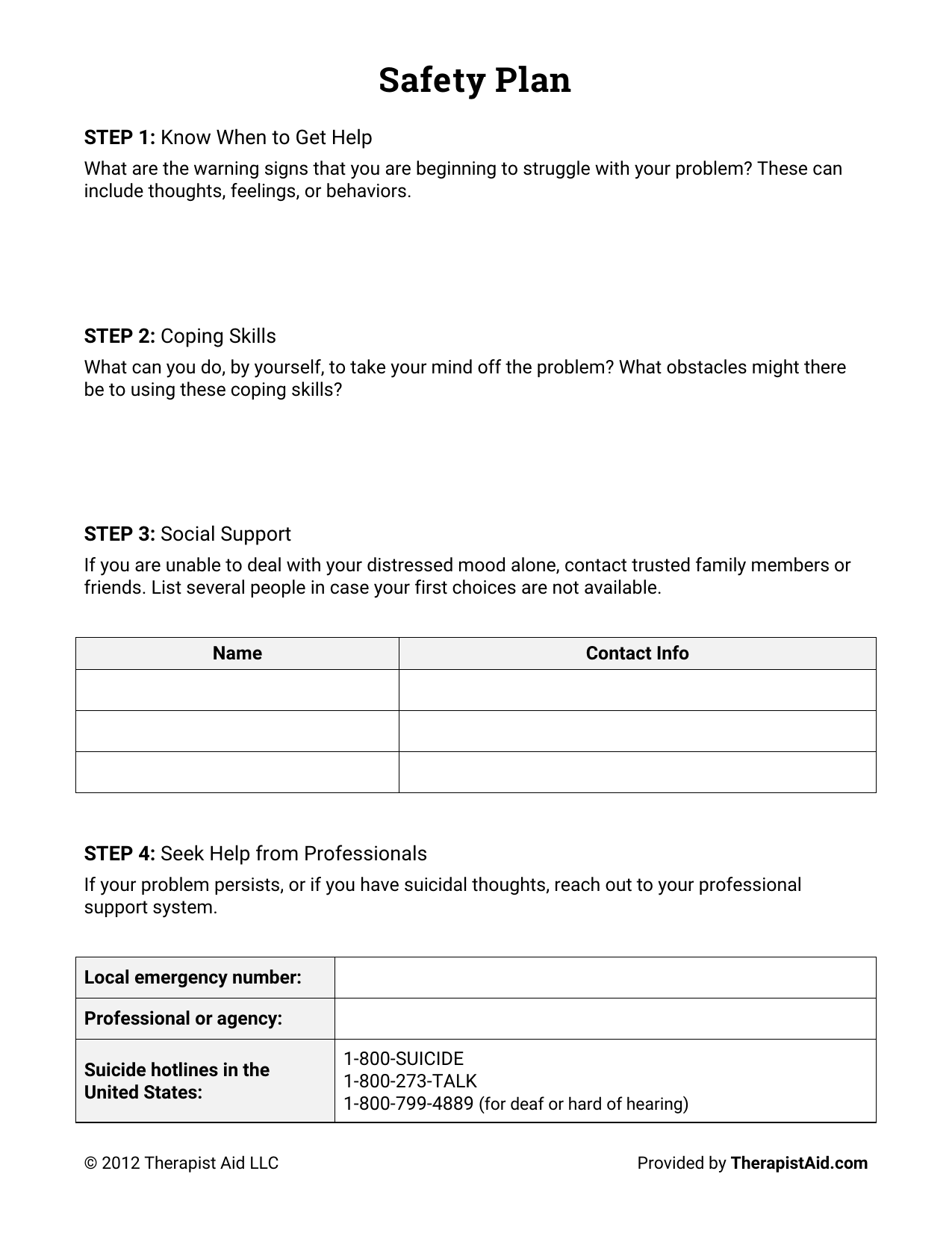 Safety Plan Worksheet Mental Health Support