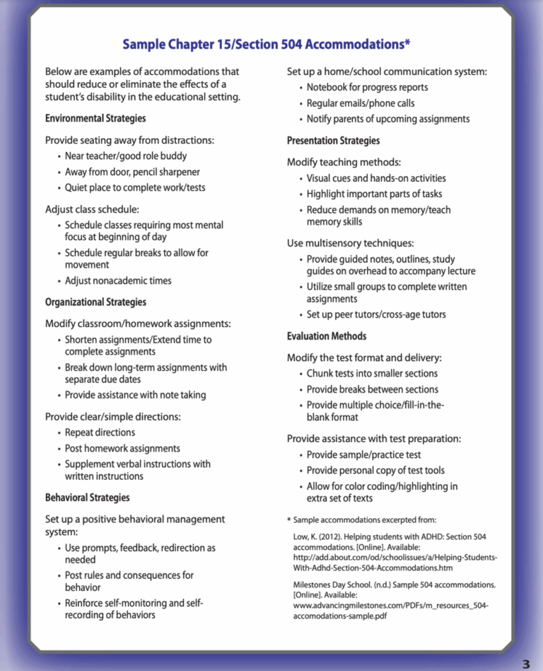 Sample 504 Accommodations 504 Services Punxsutawney Area School District