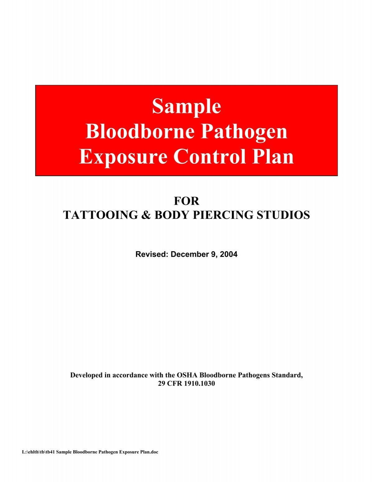 Sample Bloodborne Pathogen Exposure Control Plan