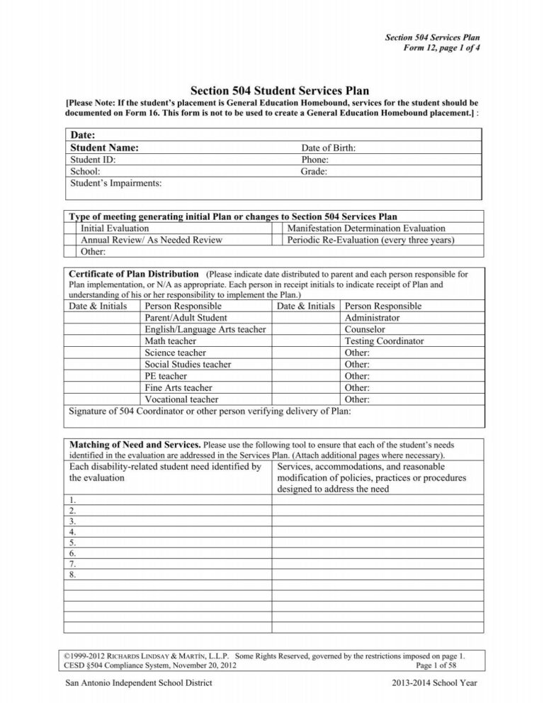 Section 504 Student Services Plan