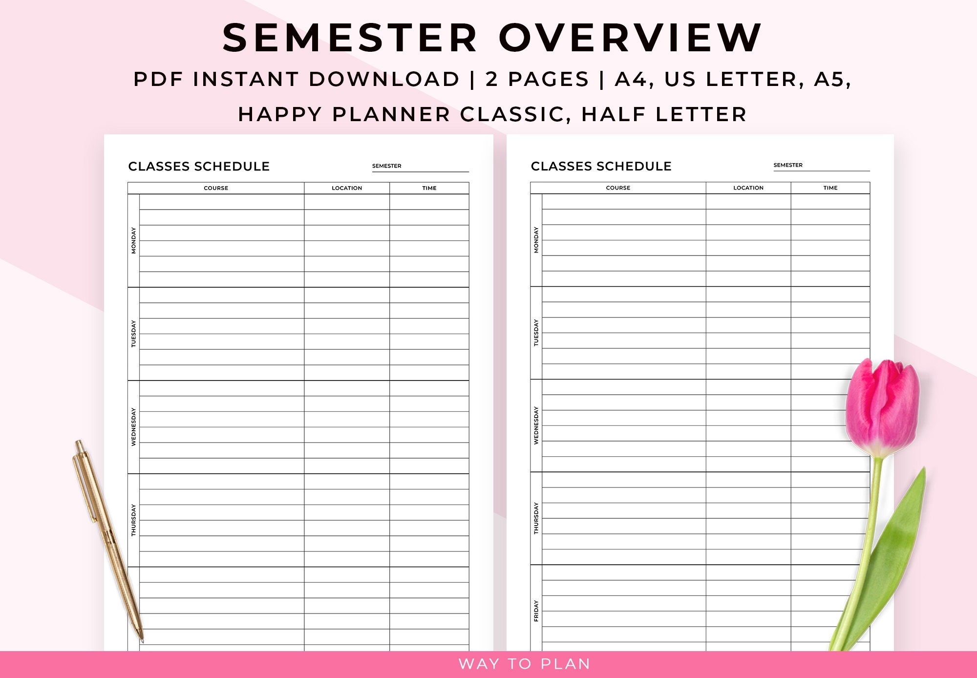 Semester Overview Template Weekly Class Schedule Course Subject Overview One Page Minimalist Planner Insert Printable PDF A4 A5 Letter Etsy