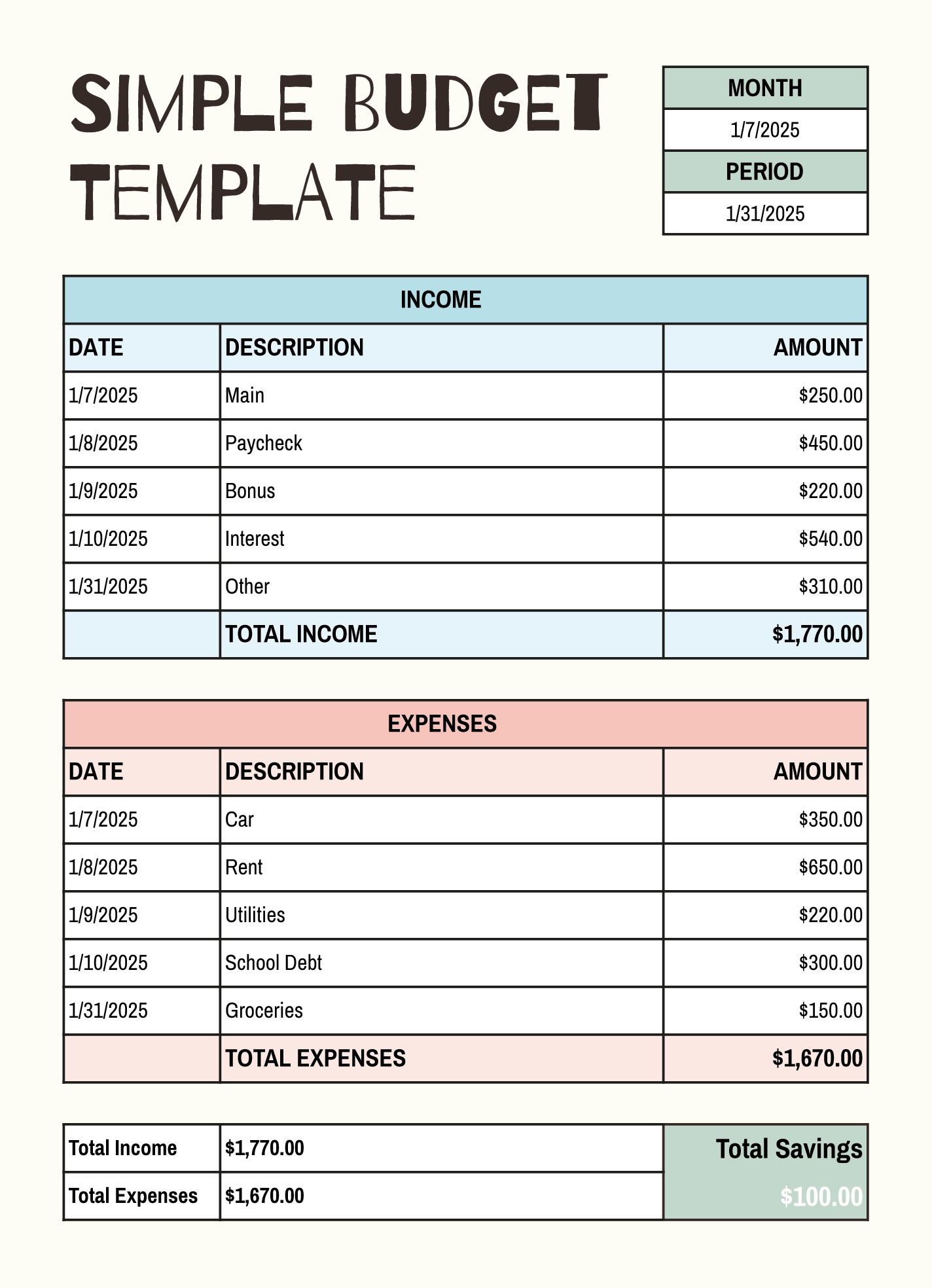 Simple Budget Free Google Sheets U0026 Excel Template Gdoc io