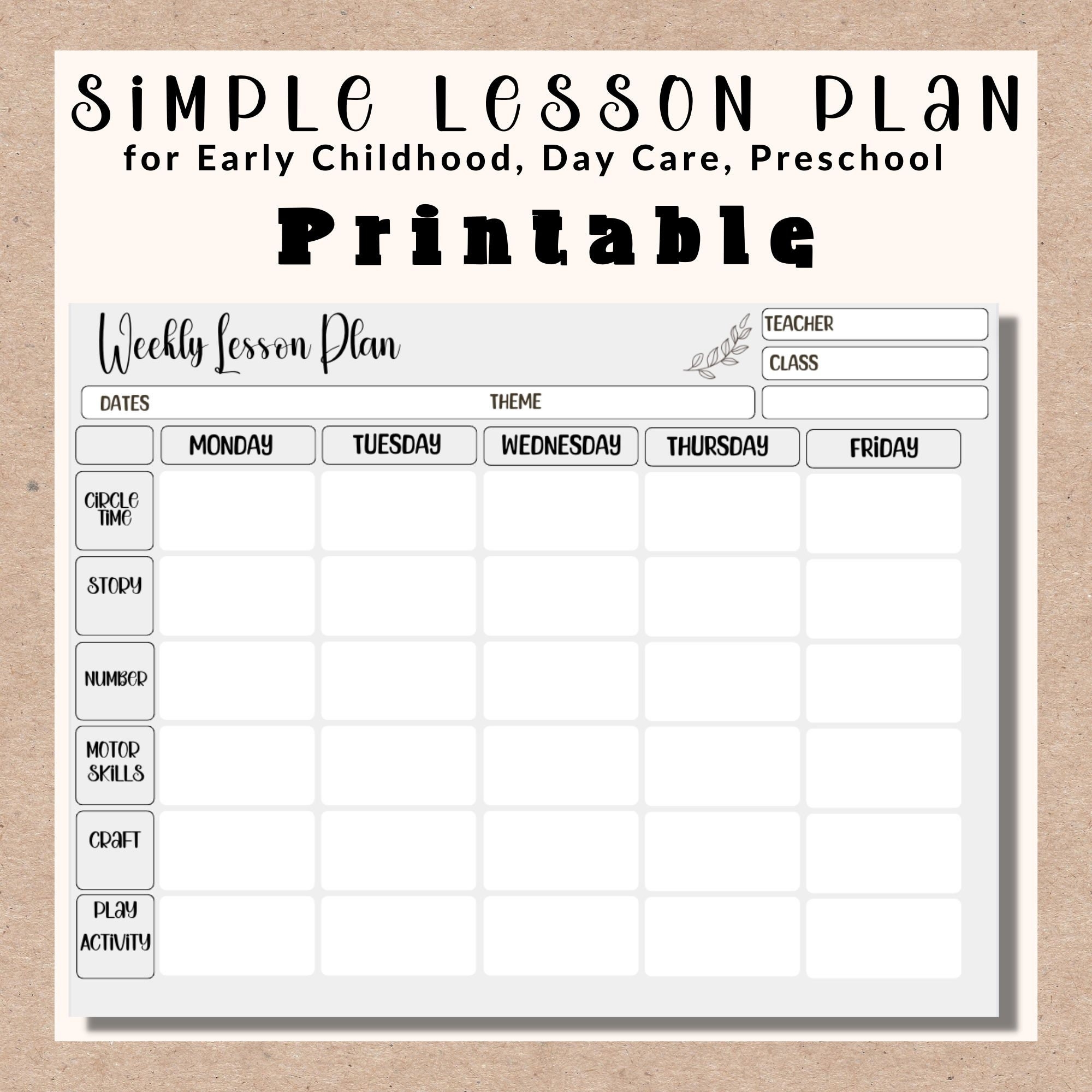 Simple Weekly Lesson Plan Template preschool prek Kindergarten 
