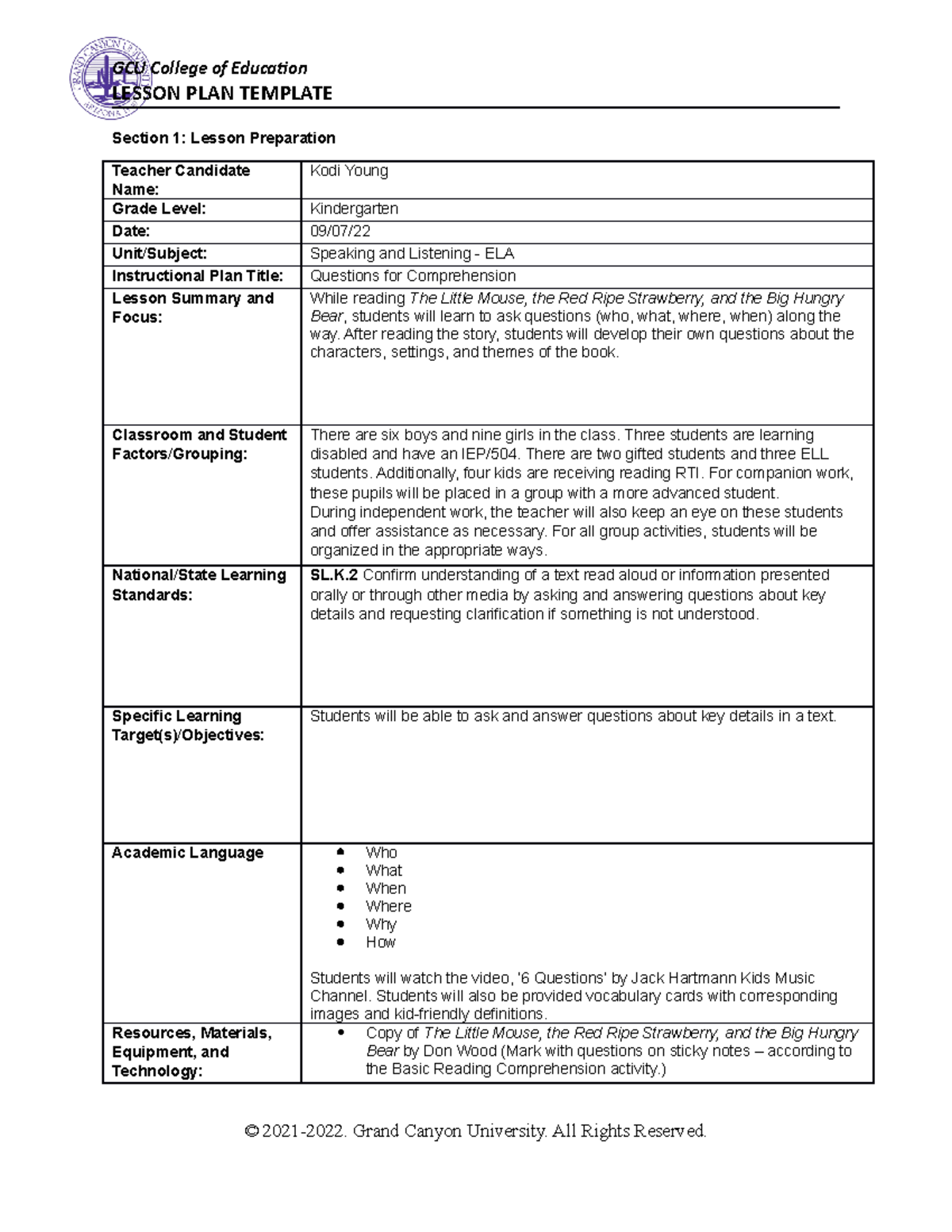 Speaking And Listening Lesson Plan LESSON PLAN TEMPLATE Section 