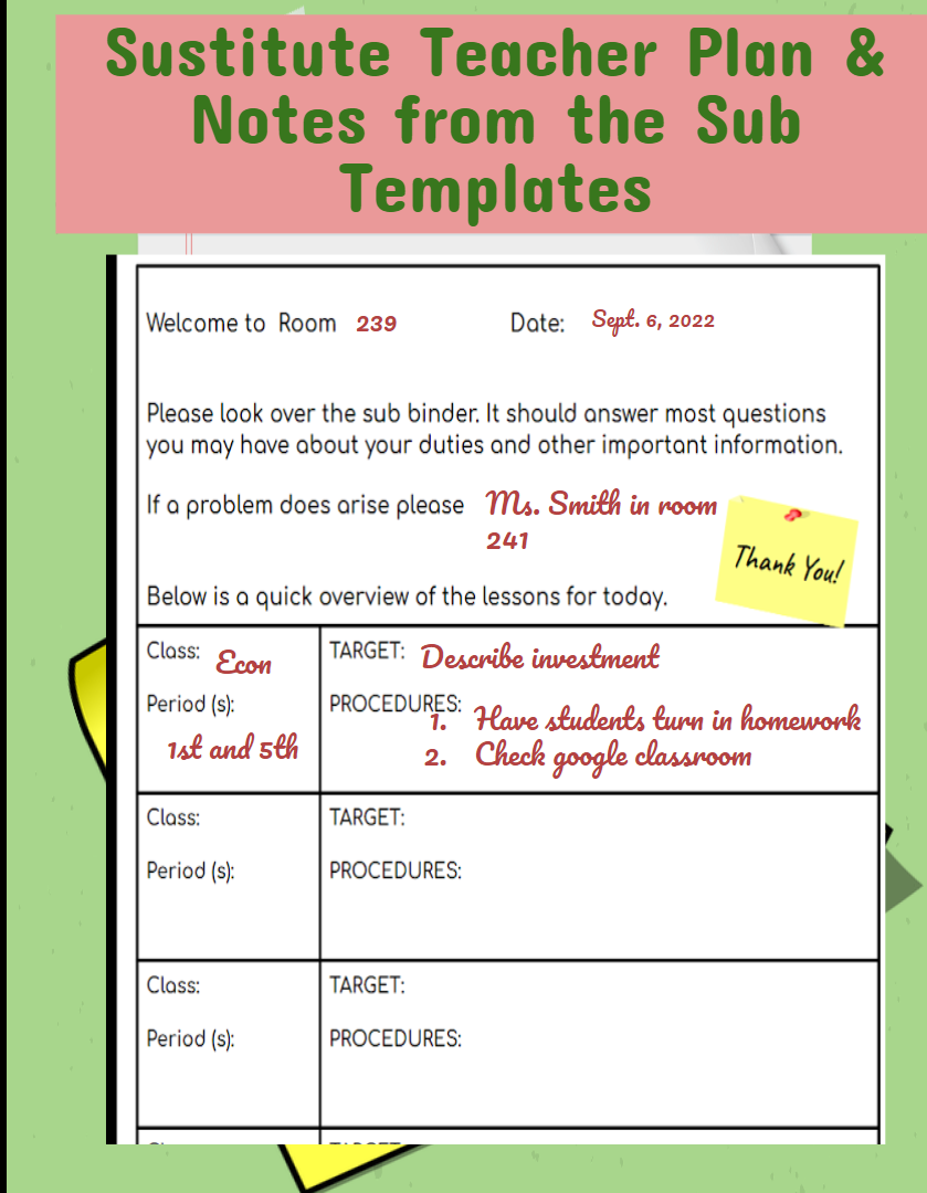 Substitute Teacher Lesson Overview Template And Substitute Notes 