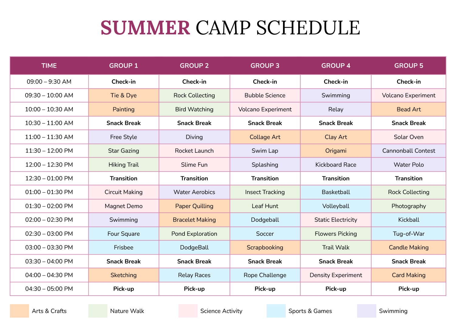 Summer Camp Schedule Template Google Docs Word Highfile