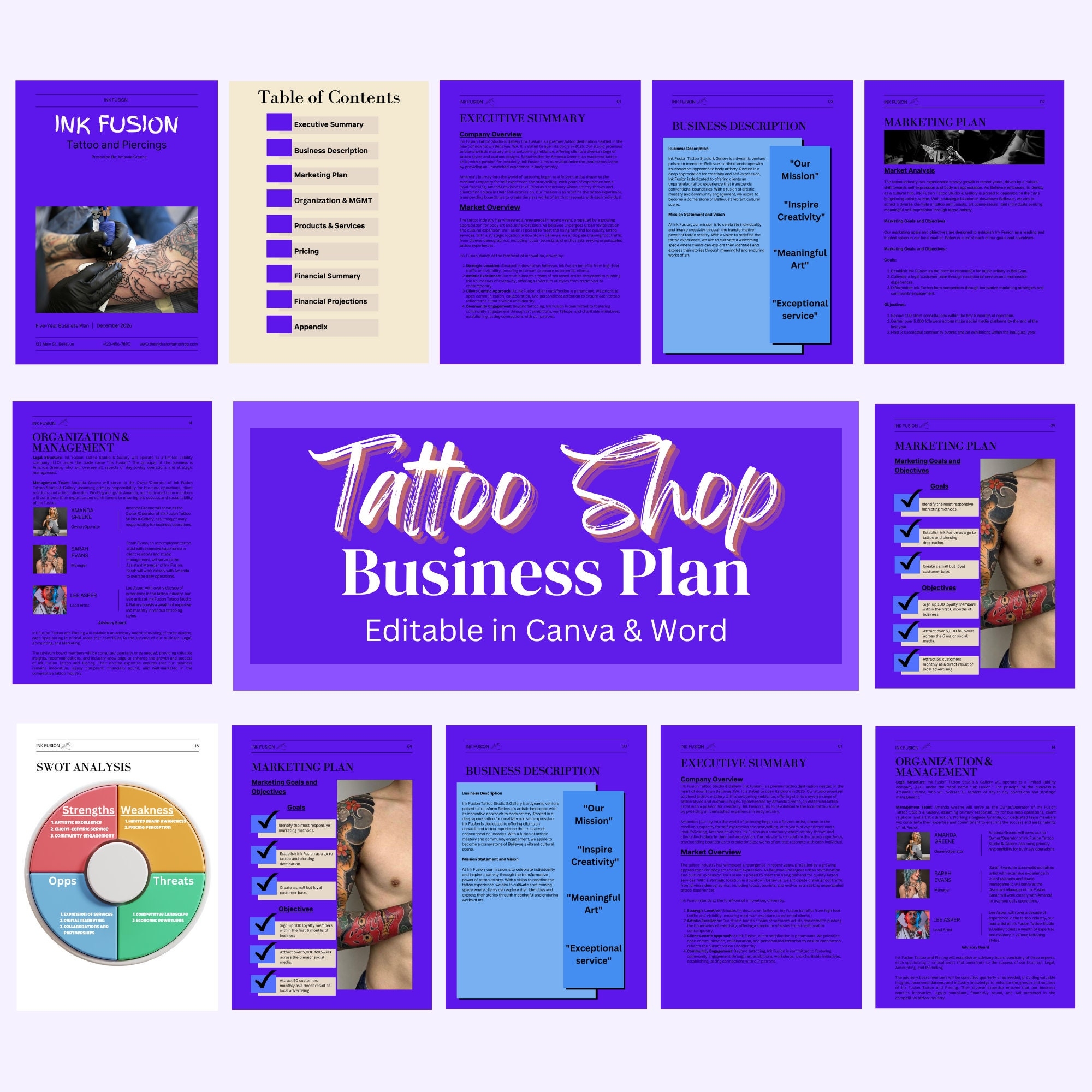 Tattoo Shop Business Plan Business Plan Template Tattoo Piercing Car Repair Canva Microsoft Word Editable Business Plan Marketing Plan Etsy