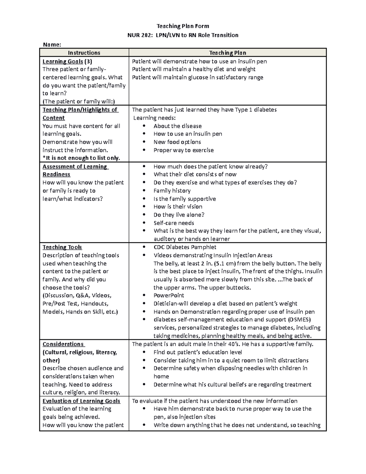 Teaching Plan Template Blank 0922 Teaching Plan Form NUR 202 