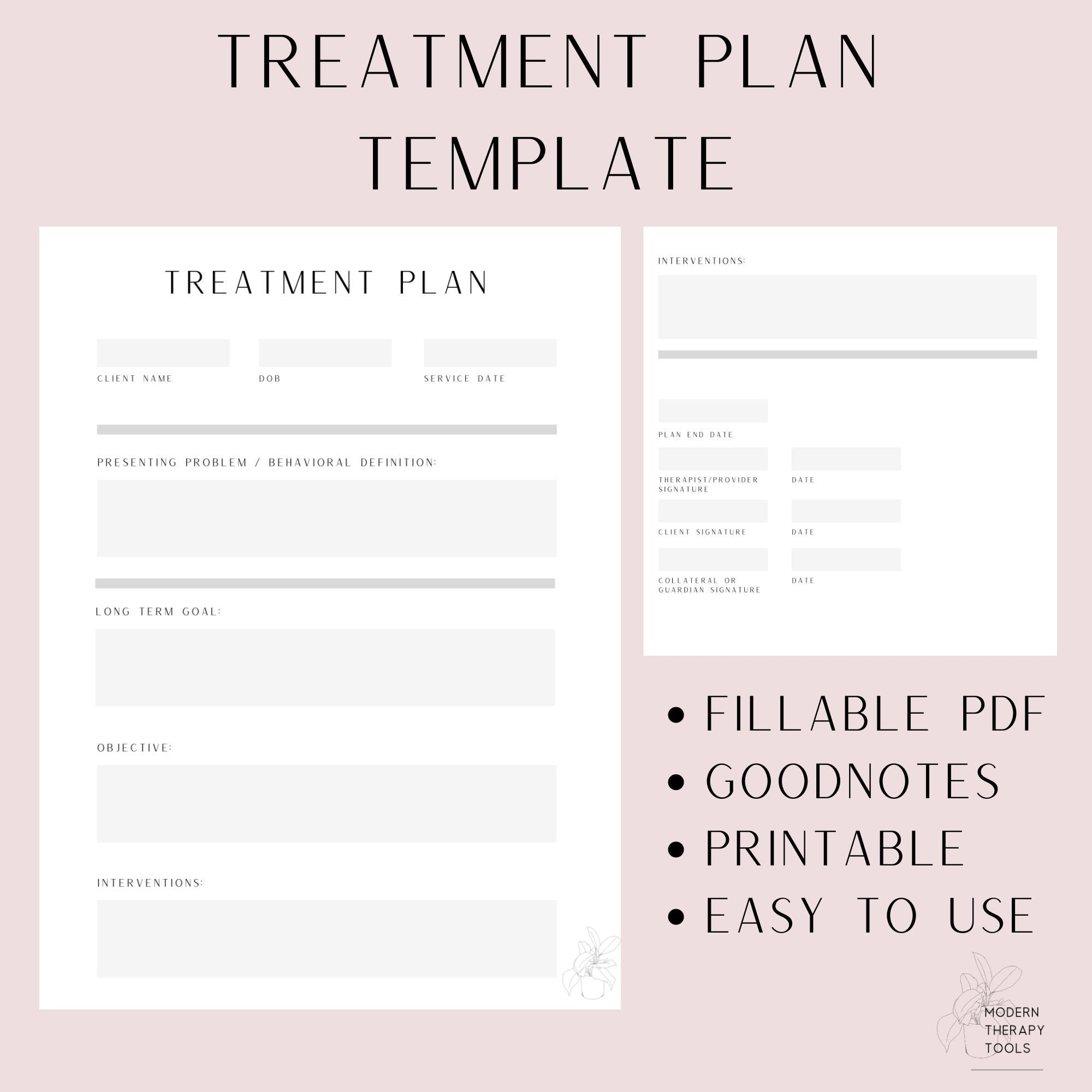 Therapist Sample Treatment Plan Fillable PDF Template Goodnotes Adobe Printable