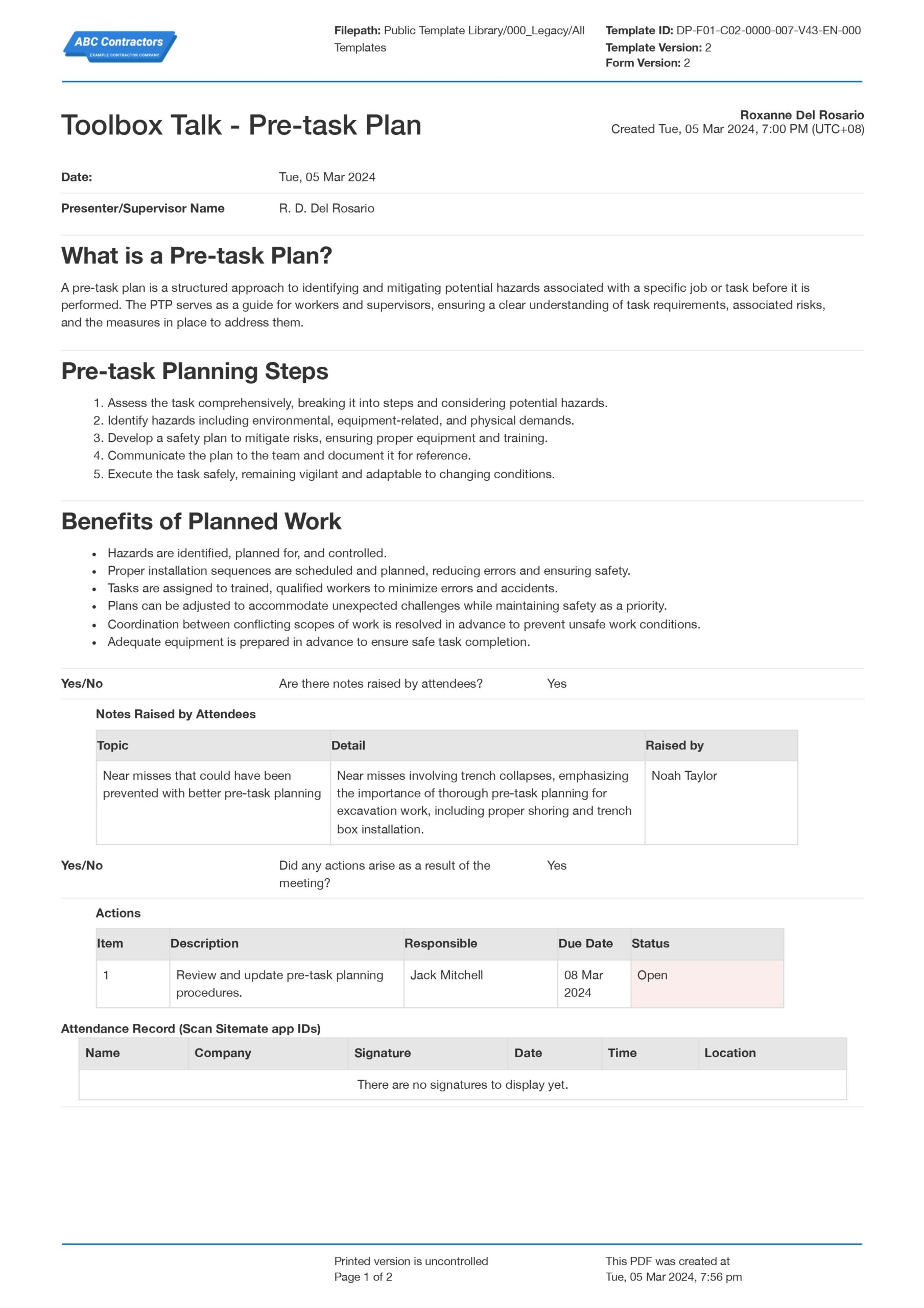 Toolbox Talk Pre task Plan Template Free And Editable