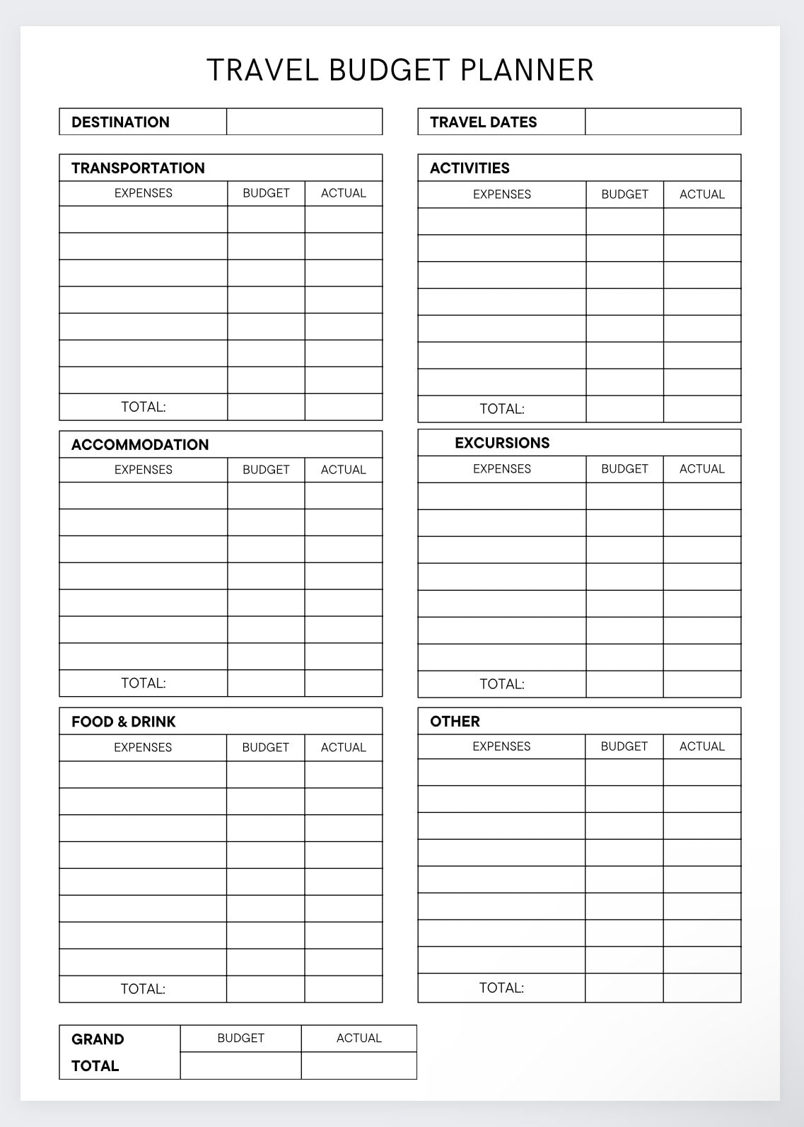 Travel Breakdown Budget Planner vacation Budget Planner Printable 