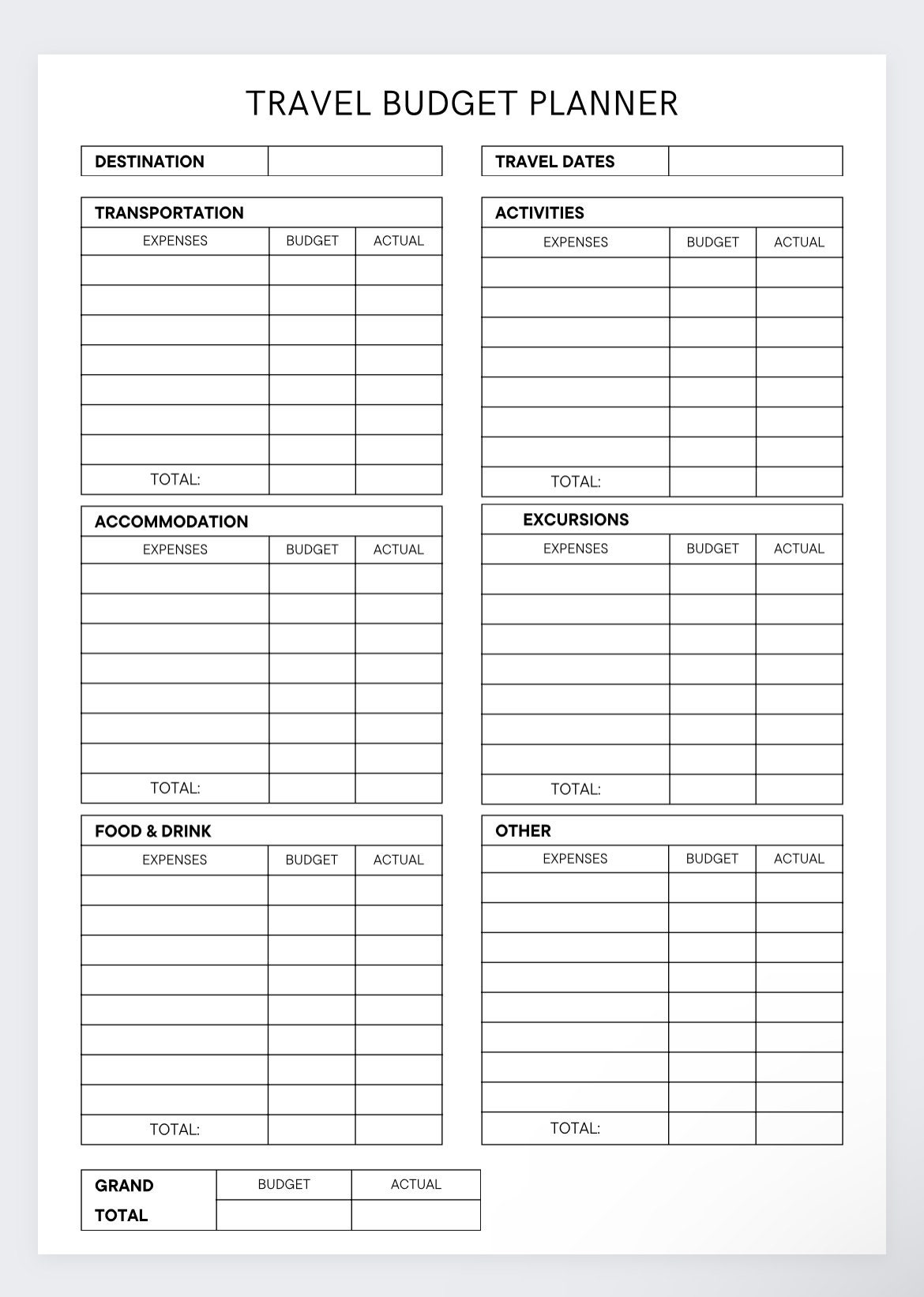Travel Breakdown Budget Planner vacation Budget Planner Printable 