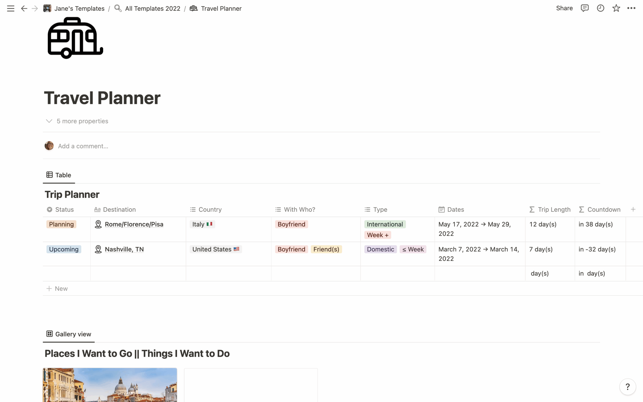 Travel Planning Notion Template