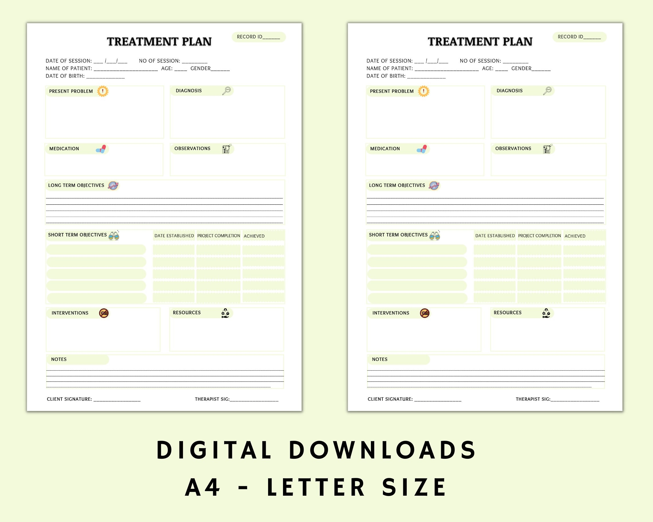 Treatment Plan green Printable Treatment Plans Treatment Templates Social Worker Template Client Documentation Template Etsy