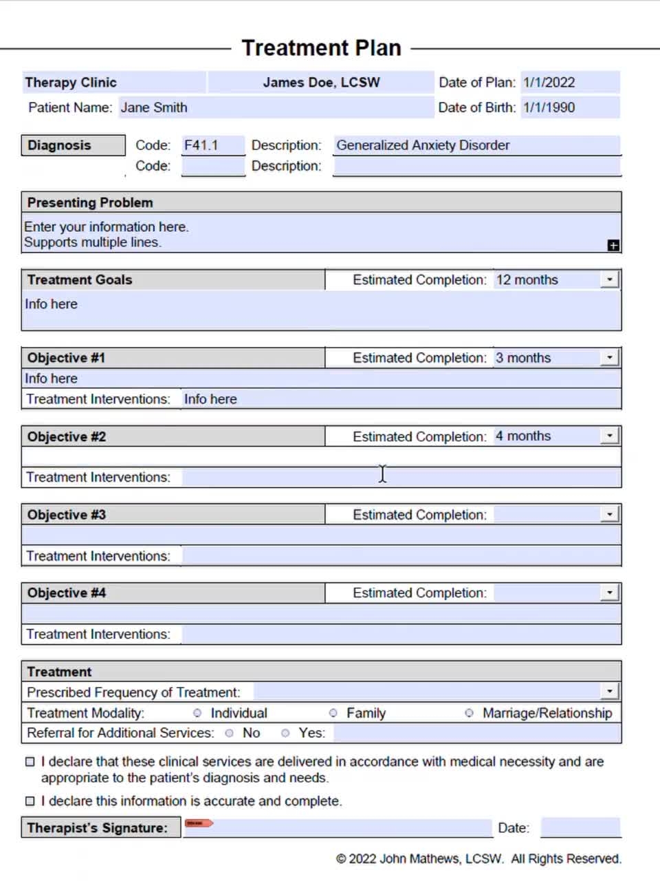 Treatment Plan Template For Therapists PDF Fillable U0026 Editable Printable Social Workers Psychiatrists Mental Health Counselors Form