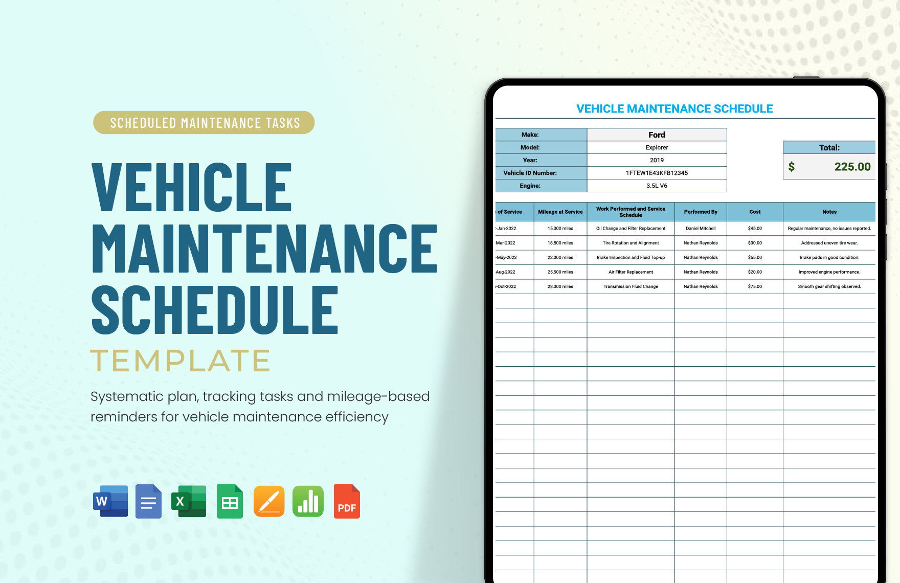 Vehicle Maintenance Schedule In Pages Apple Numbers Word Google 