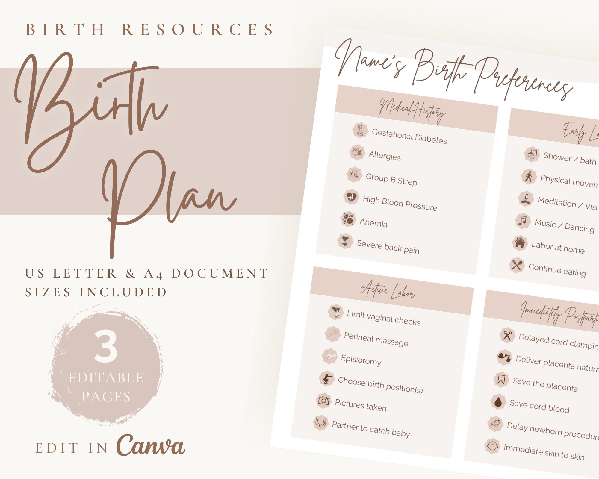 Visual Birth Plan Editable Canva Template Labor And Delivery Preferences Minimalist Design Birth Doulas Pregnancy Printable Etsy