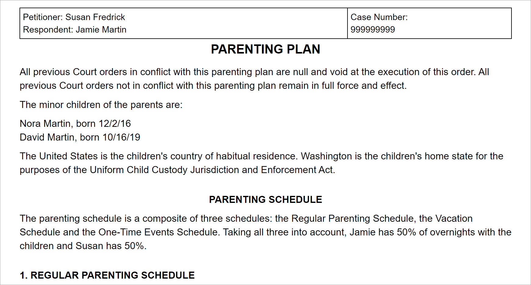 Washington Residential Schedule And Visitation Guidelines WA 