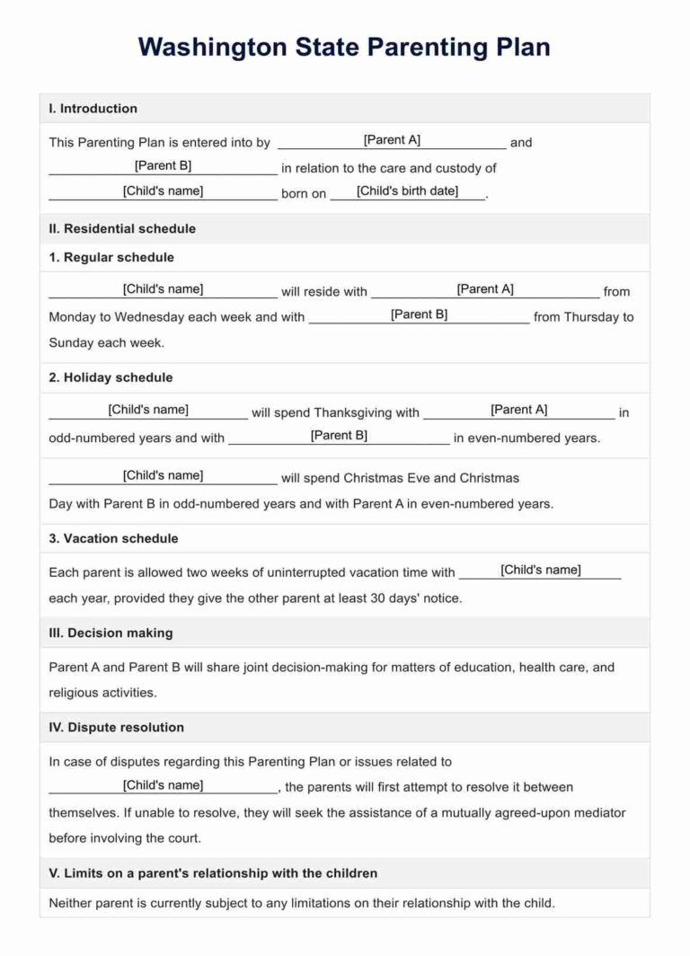 Washington State Parenting Plan U0026 Example Free PDF Download