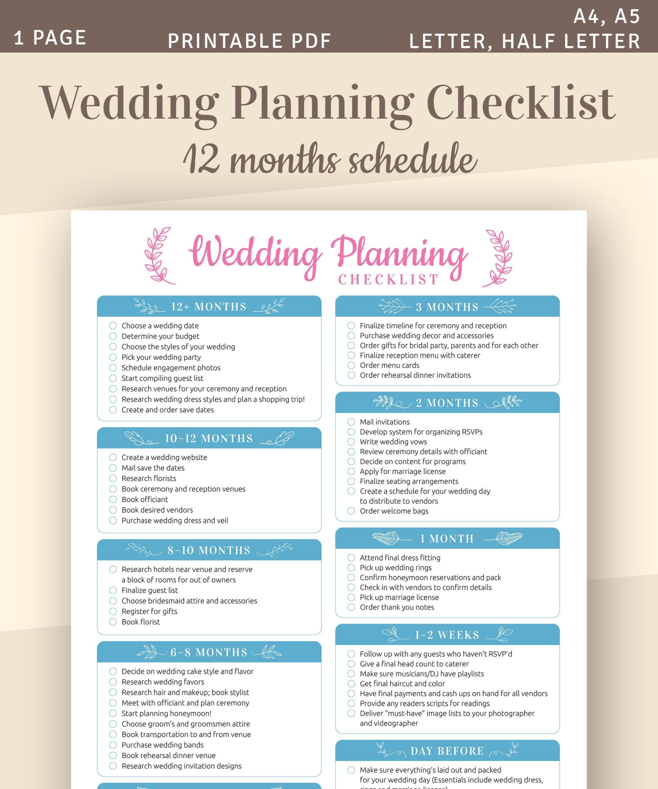 Wedding Planning Checklist Printable Wedding Template A4 A5 
