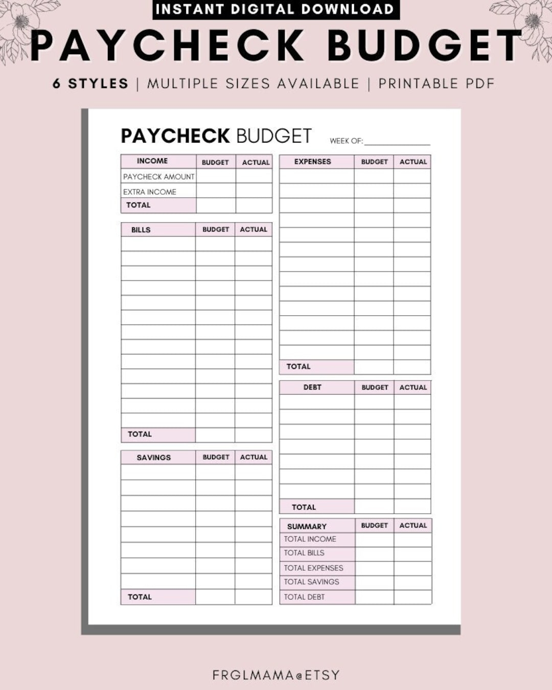 WEEKLY Budget Overview Template Printable Paycheck Budget 