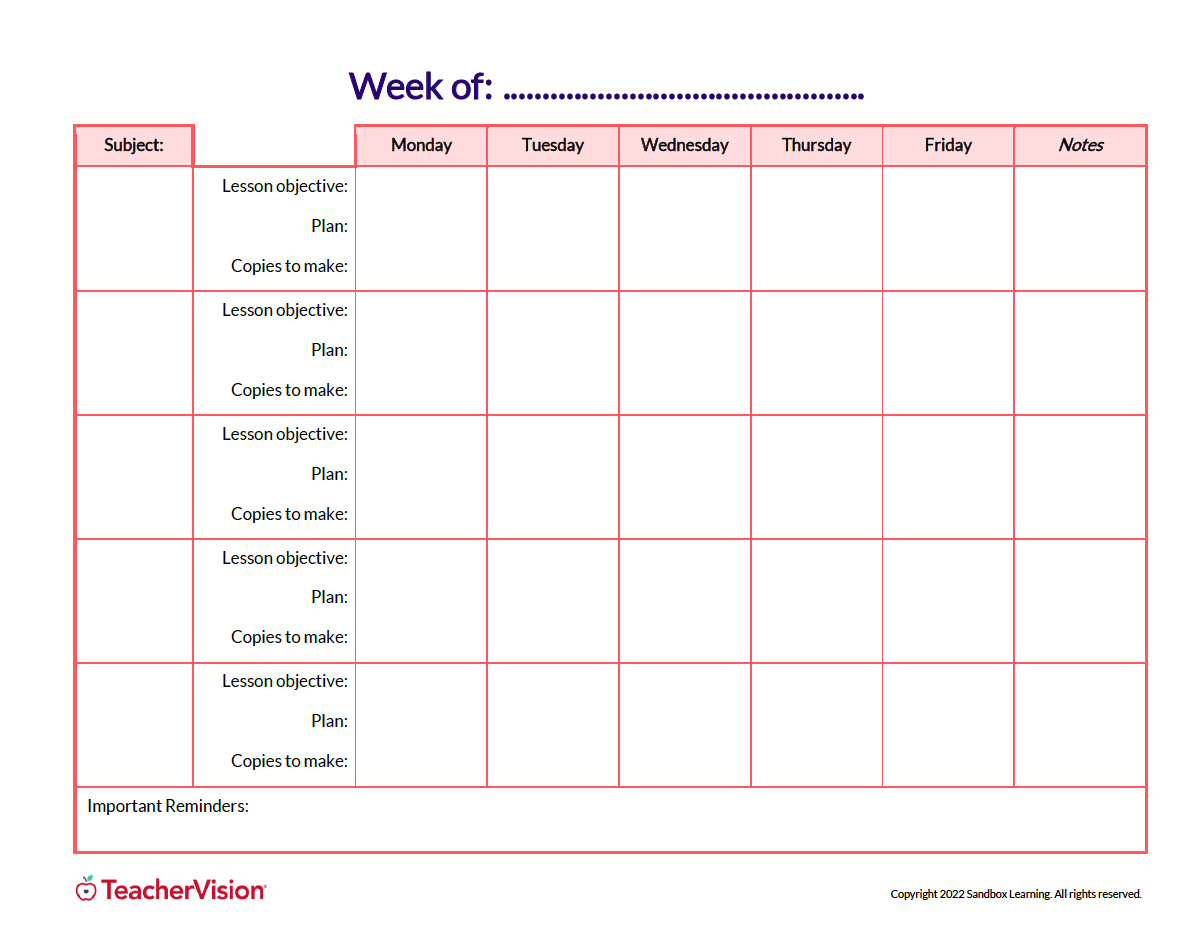 Weekly Lesson Plan Template TeacherVision