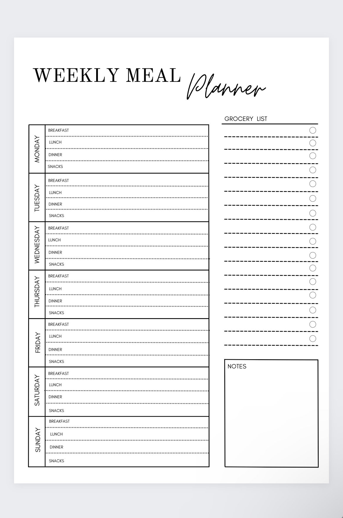 Weekly Meal Planner Grocery List meal Planning Template meal Prep 