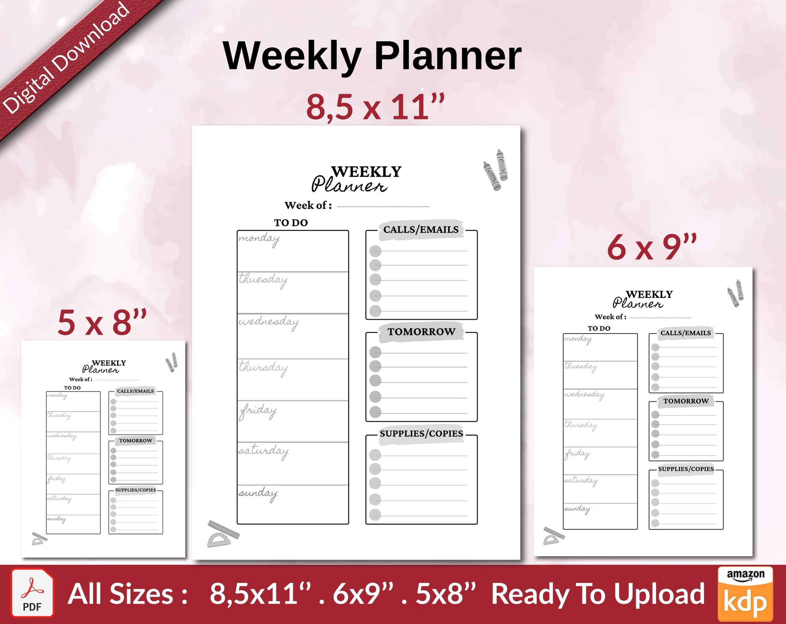 Weekly Planner KDP Interior Ready To Upload Sizes 8 5x11 6x9 5x8 Inch PDF FILE Used As Amazon KDP Paperback Low Content Book Journal Notebook Planner COMMERCIAL Use KDP Interior