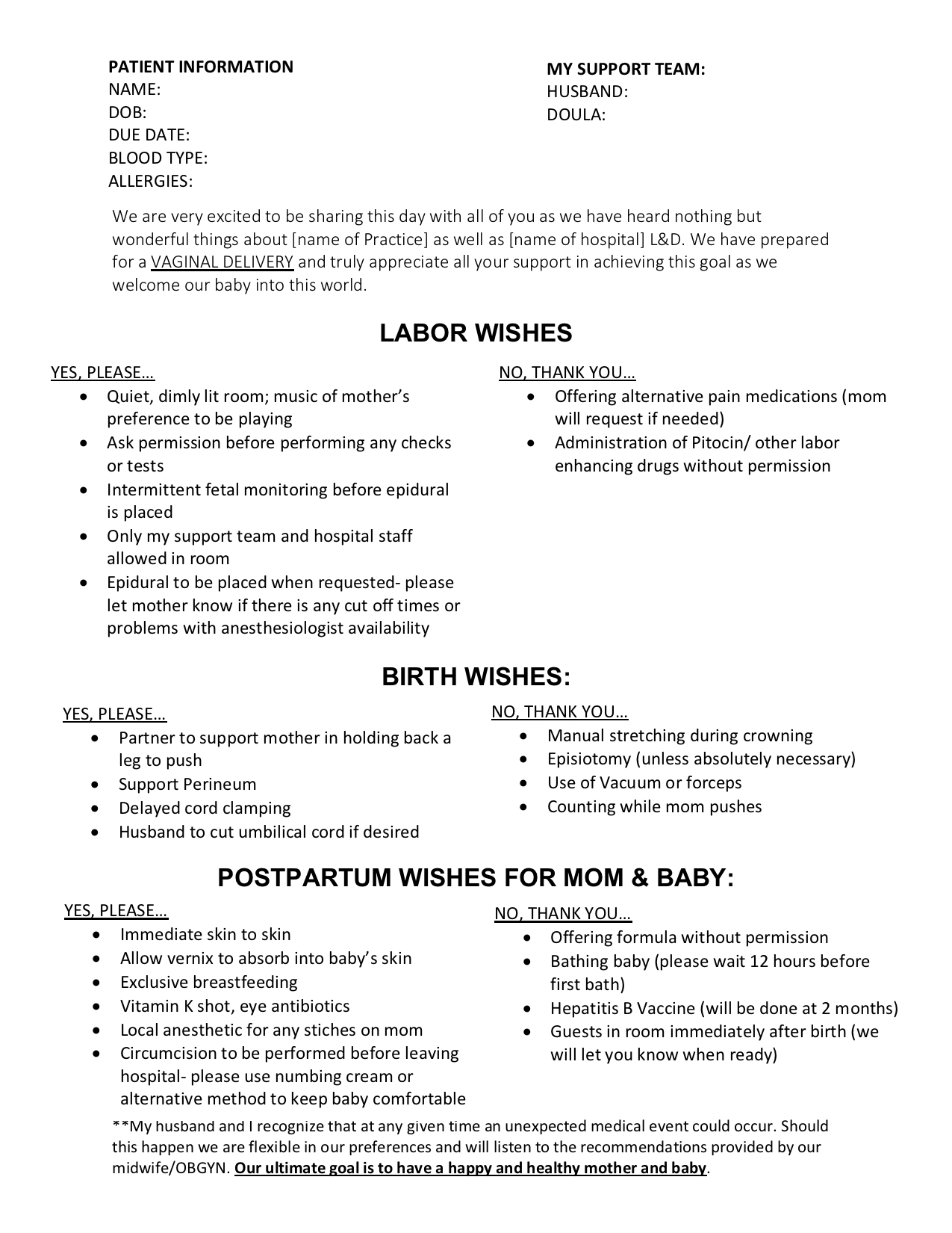 Your Perfect Birth U0026 Free Birth Plan Templates yes Even For A C 