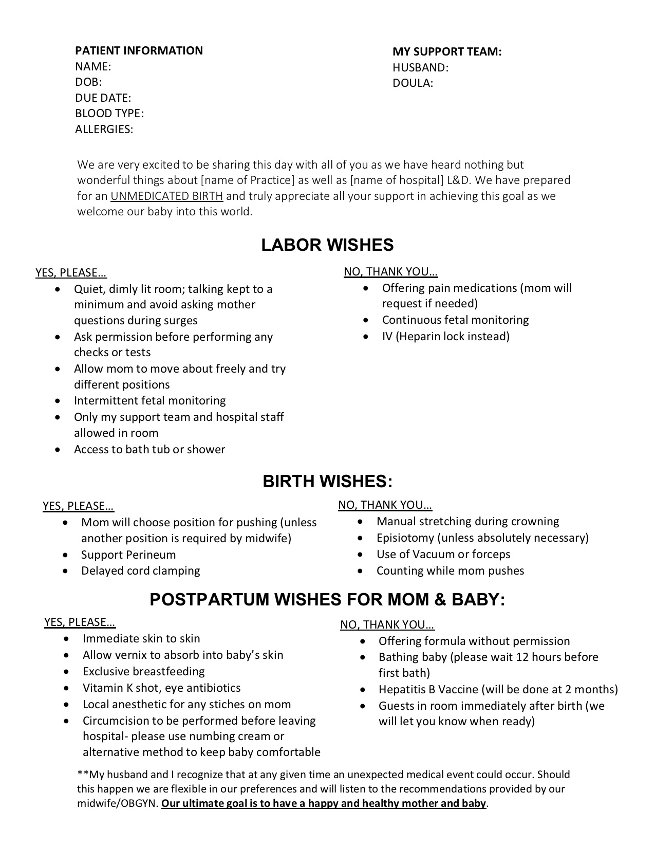 Gentle C Section Birth Plan Template