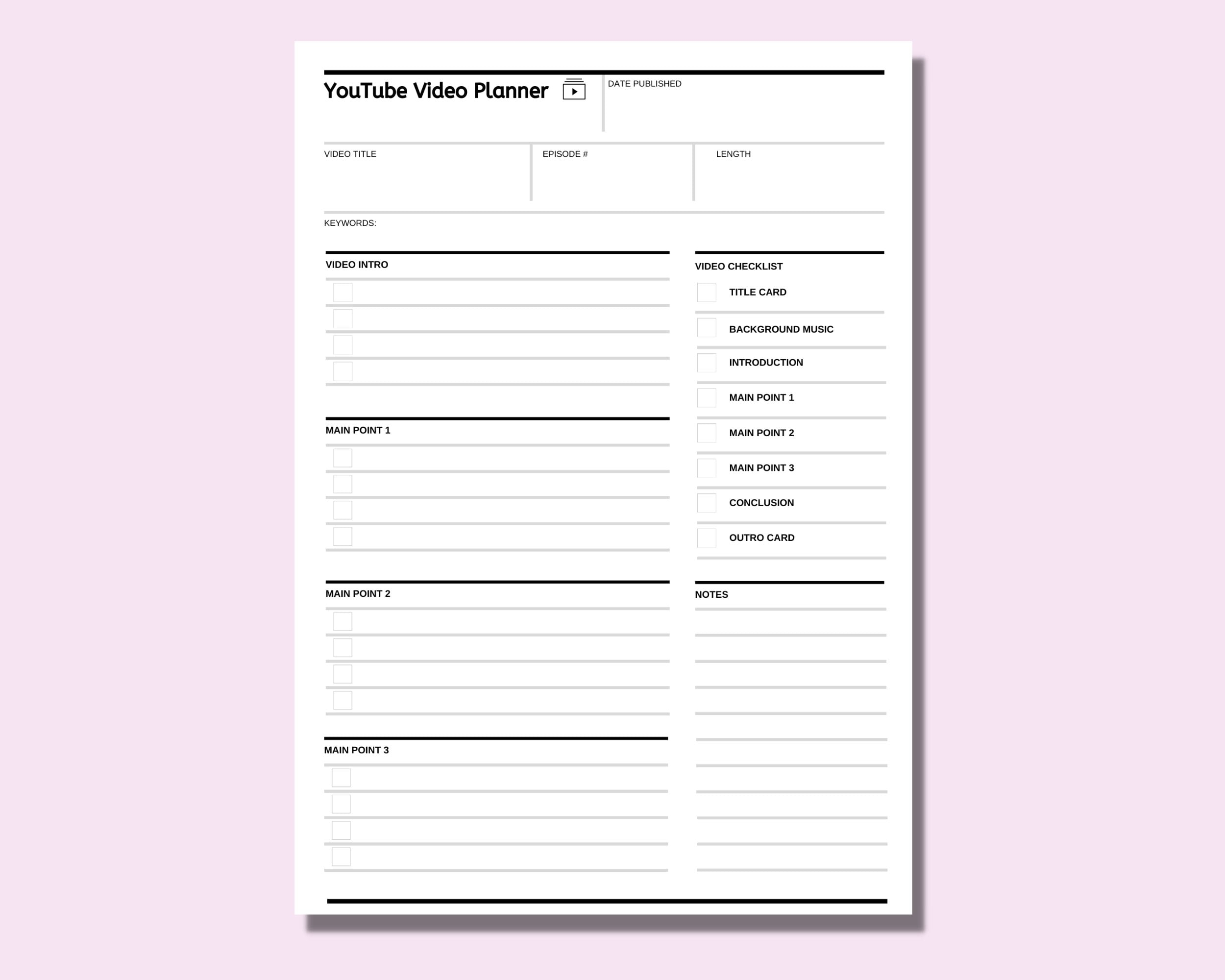 Youtube Video Script Worksheet Video Template Youtube Video Planner Episode Video Video Kit Etsy