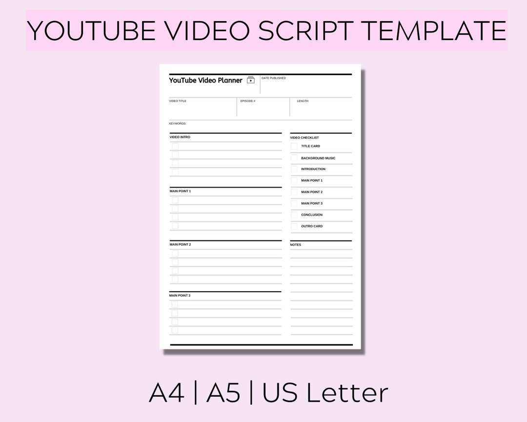 Youtube Video Script Worksheet Video Template Youtube Video Planner Episode Video Video Kit Etsy