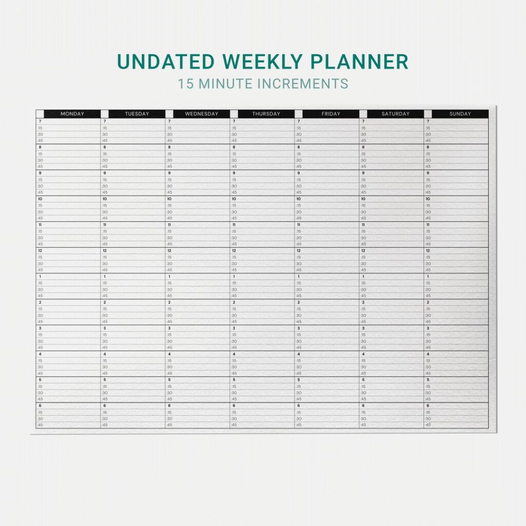 15 Minute Weekly Planner Printable - Minimalist Weekly Planner Printable: Undated, 15-minute Increments (PDF ...