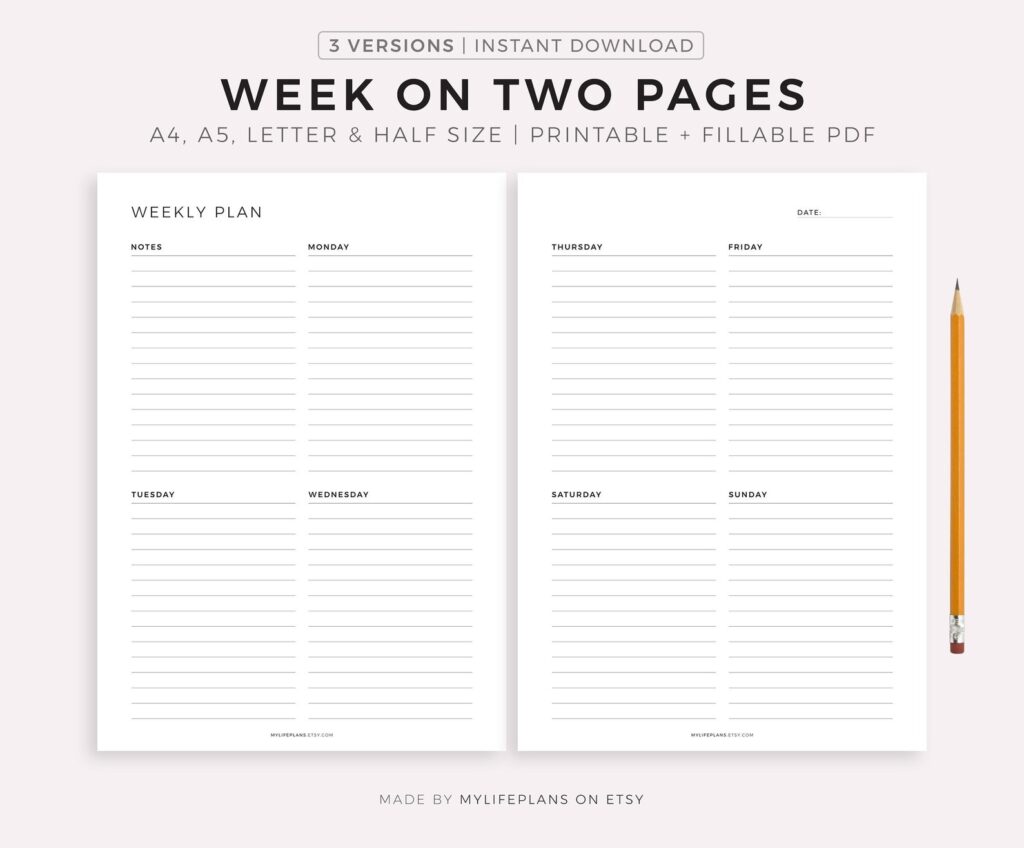 2 Page Weekly Planner Printable - Week on Two Pages Printable Weekly Planner Minimal Weekly - Etsy