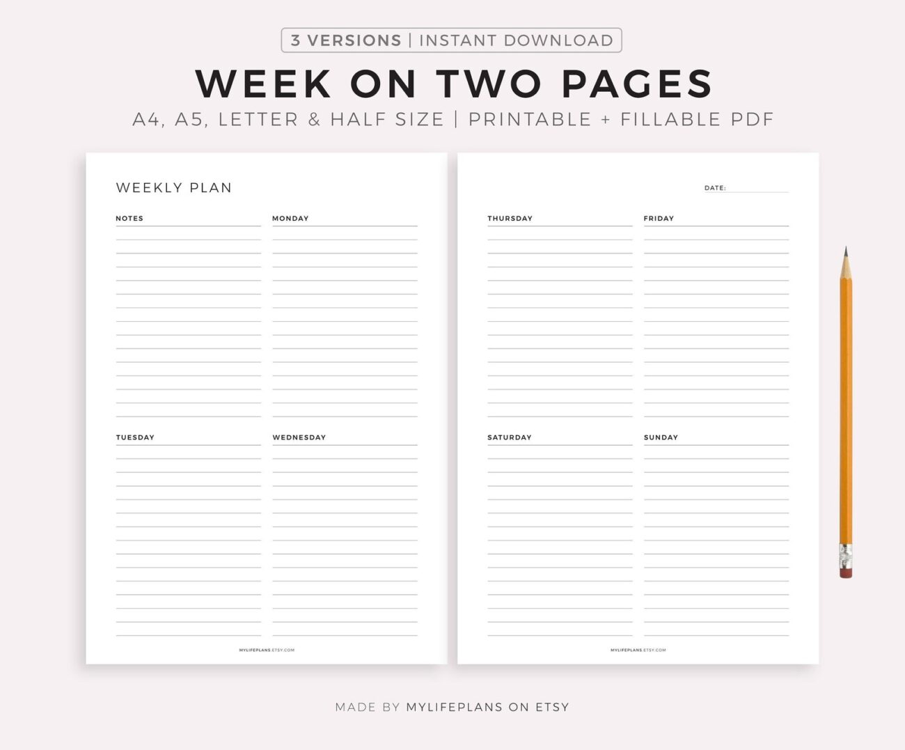 2 Page Weekly Planner Printable - Week on Two Pages Printable Weekly Planner Minimal Weekly - Etsy