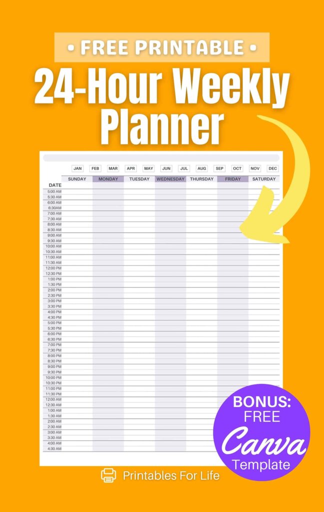 24 Hour Planner Free Printable: Undated Weekly Hourly Planner