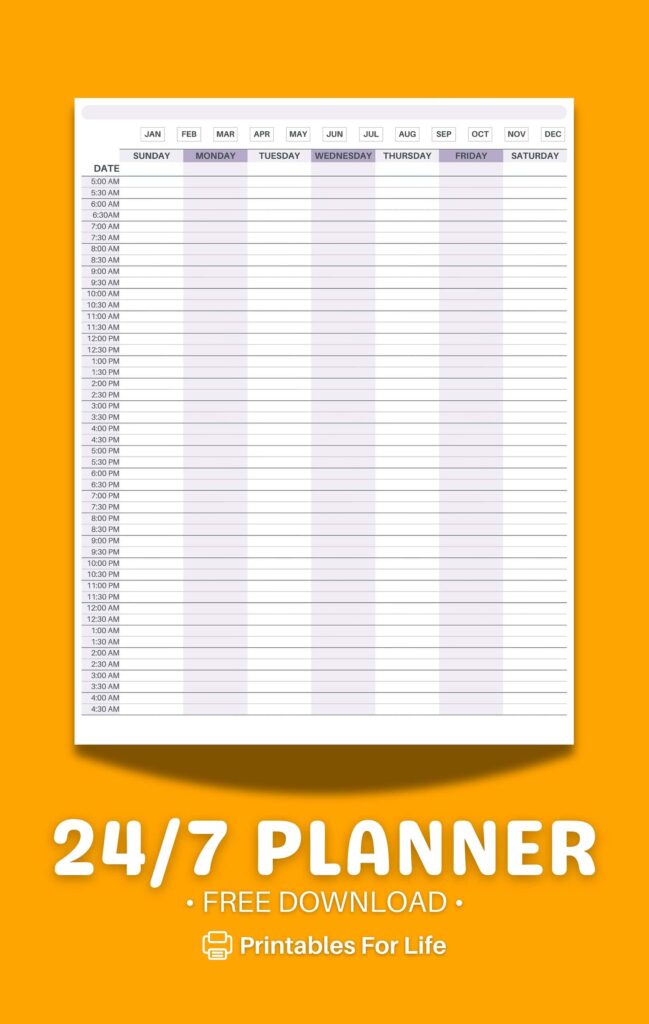 24 Hour Planner Free Printable: Undated Weekly Hourly Planner