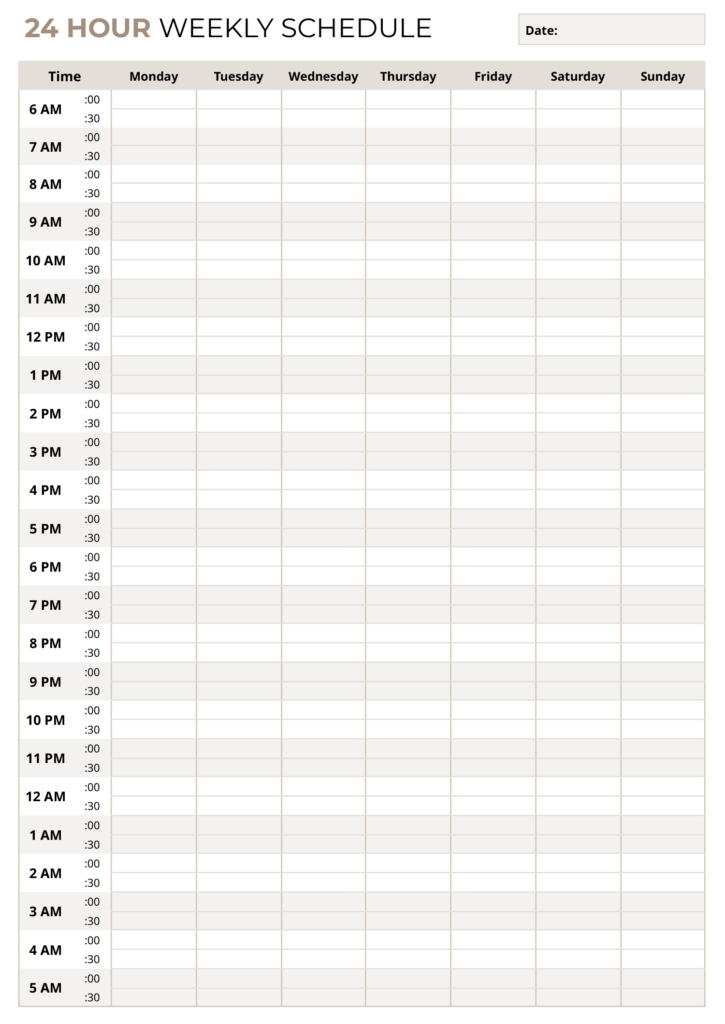 24 Hour Schedule Template - Word | Google Docs - Highfile