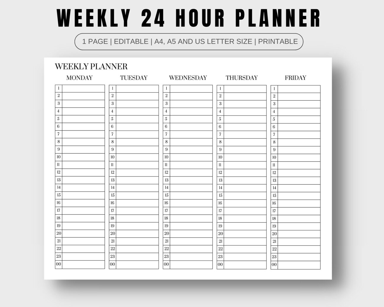 24 Hour Weekly Planner Printable - 24 Hour Weekly Schedule Printable | Hourly Planner (PDF) - Etsy