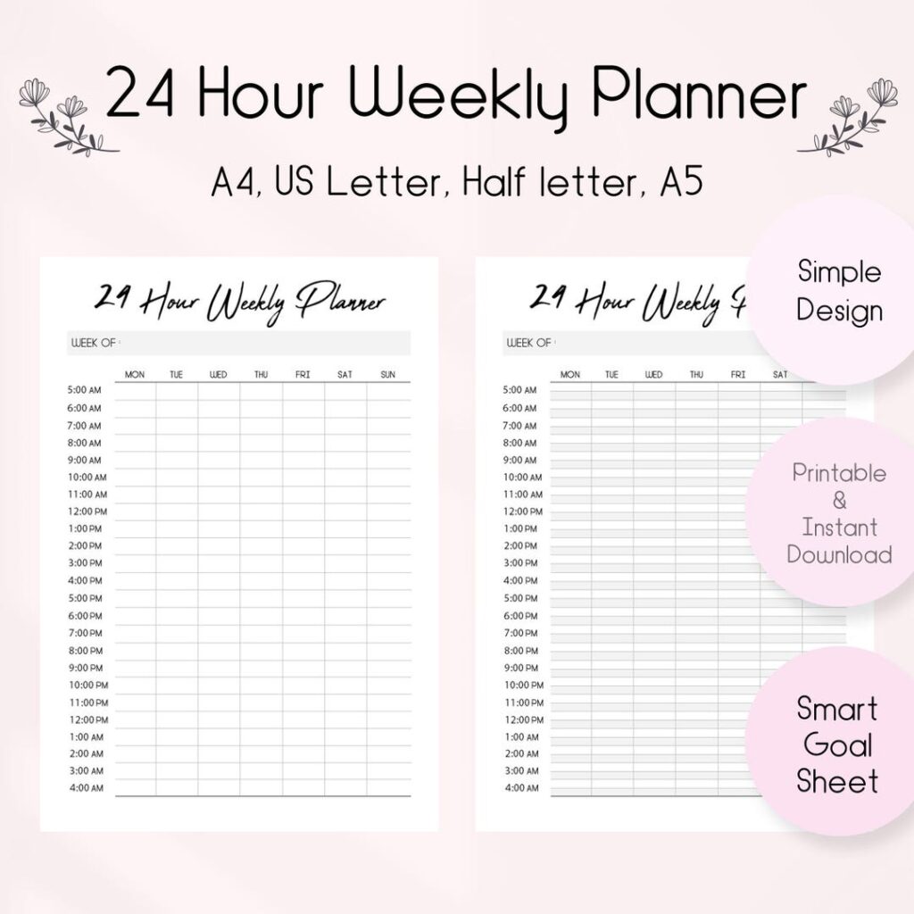 24 Hour Weekly Planner Printable, 24 Hour Weekly Schedule, Weekly ...